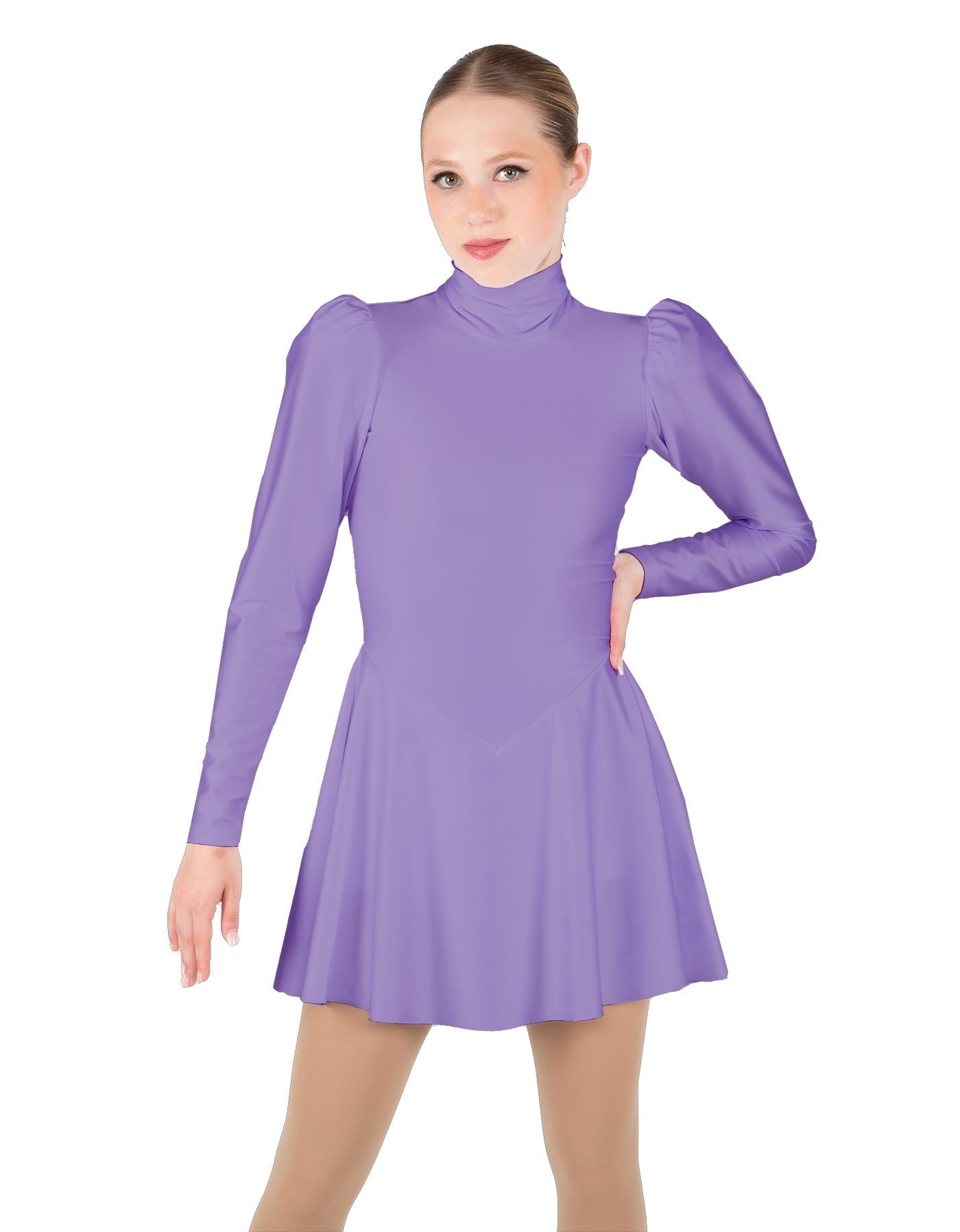 Solid Lycra LS Puff Sleeve TNeck Keyhole Back Dress