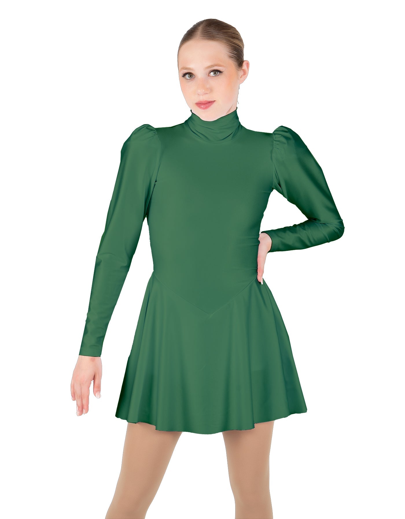 Solid Lycra LS Puff Sleeve TNeck Keyhole Back Dress