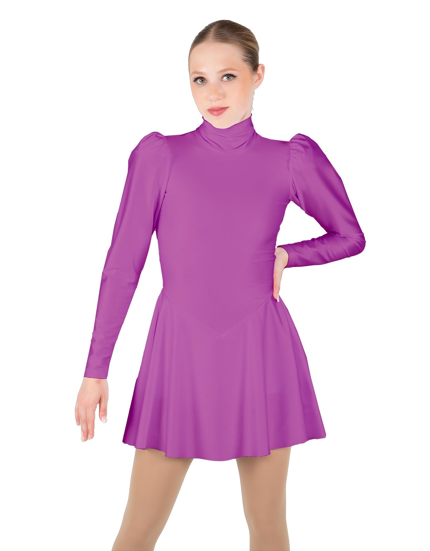 Solid Lycra LS Puff Sleeve TNeck Keyhole Back Dress