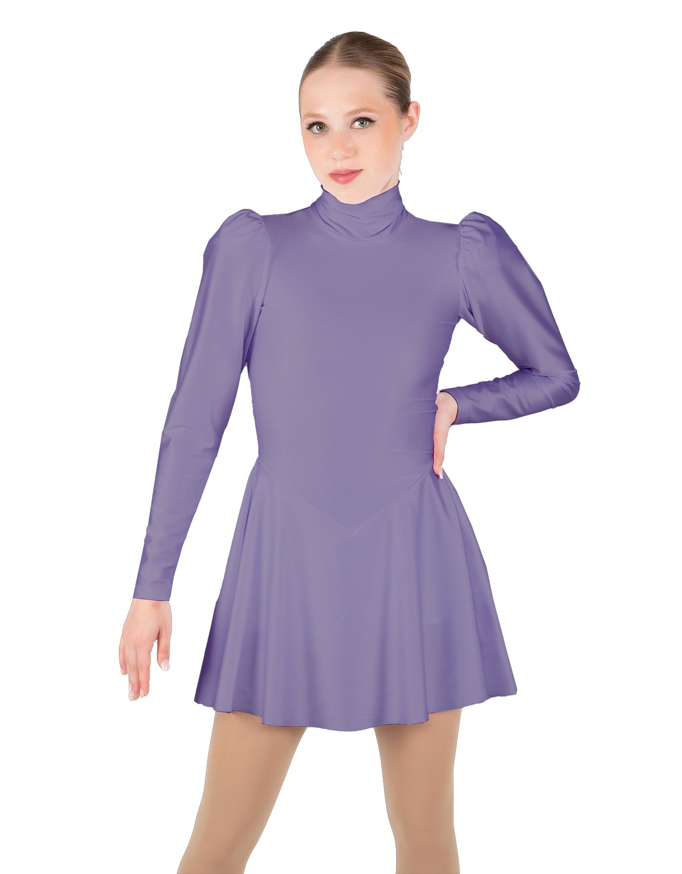 Solid Lycra LS Puff Sleeve TNeck Keyhole Back Dress