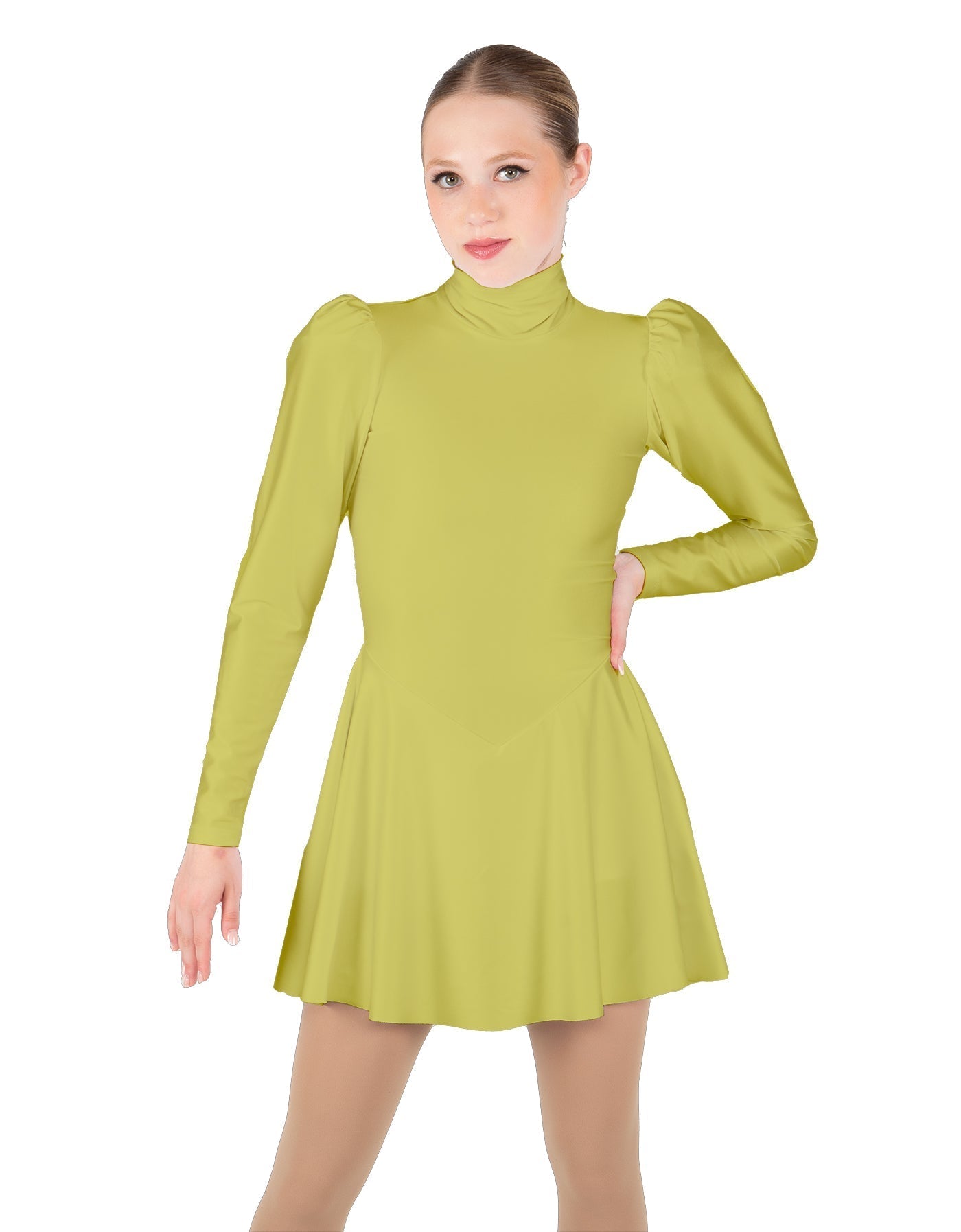 Solid Lycra LS Puff Sleeve TNeck Keyhole Back Dress