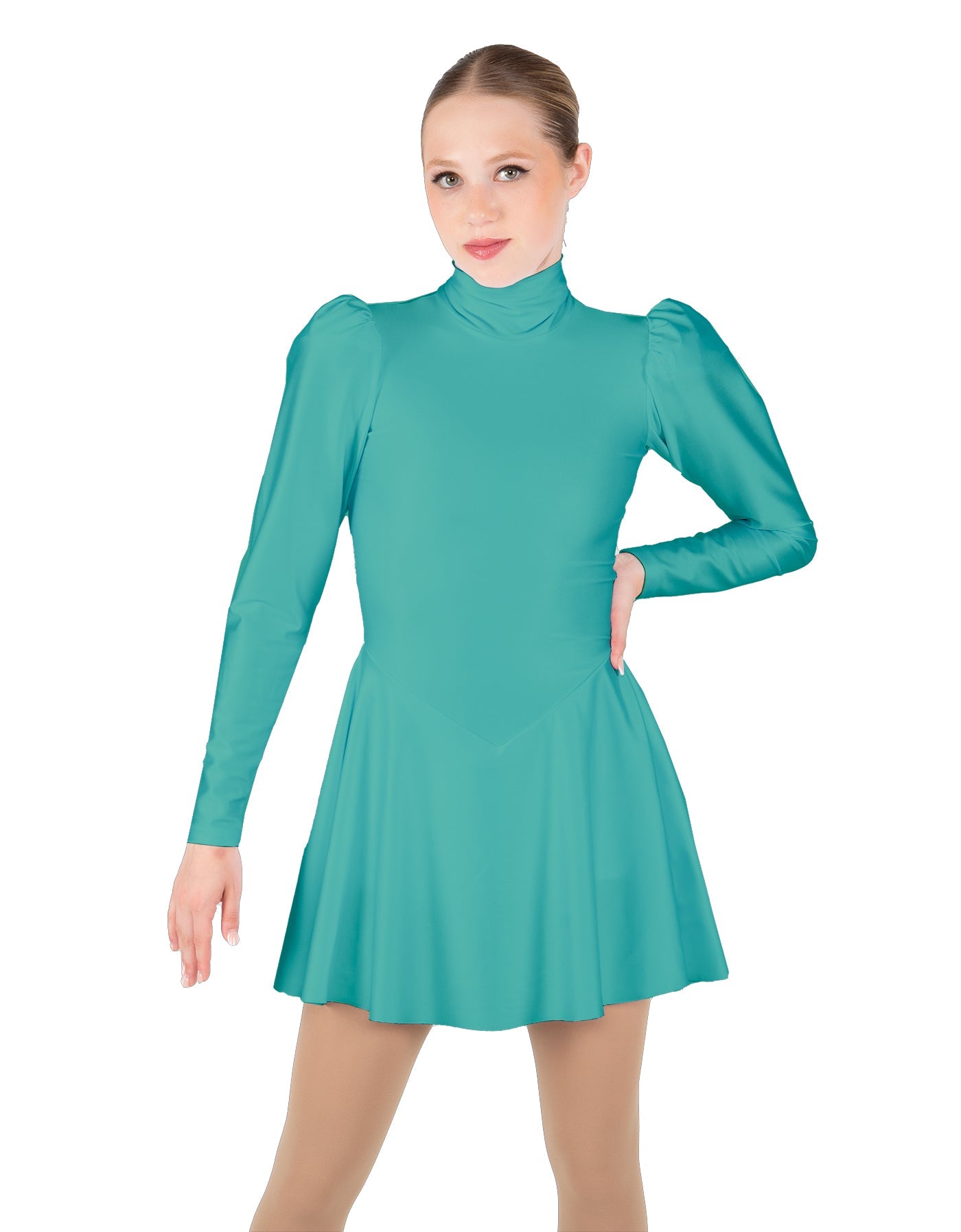 Solid Lycra LS Puff Sleeve TNeck Keyhole Back Dress