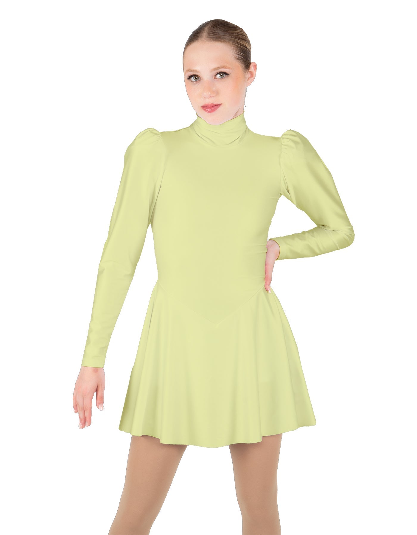 Solid Lycra LS Puff Sleeve TNeck Keyhole Back Dress