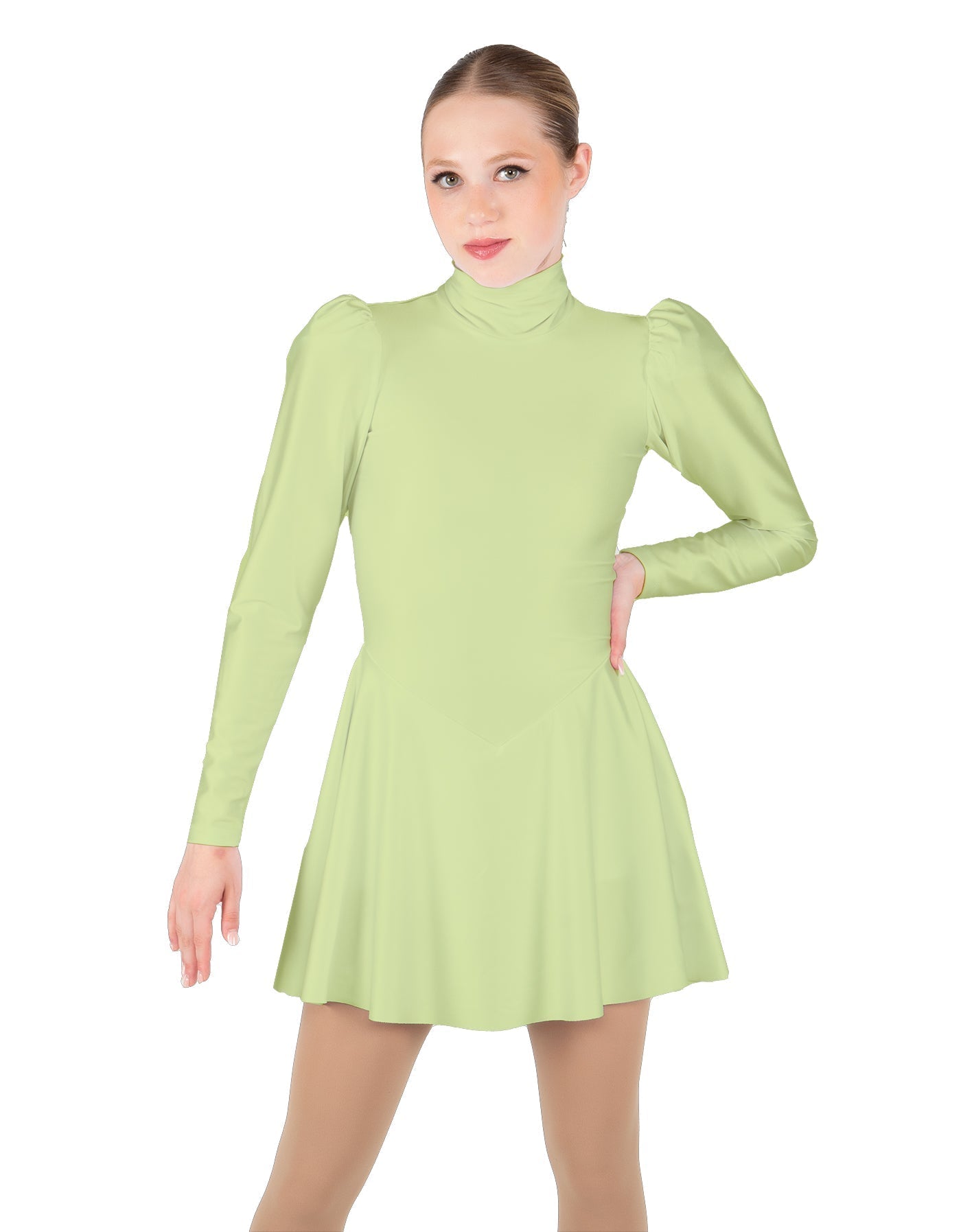 Solid Lycra LS Puff Sleeve TNeck Keyhole Back Dress