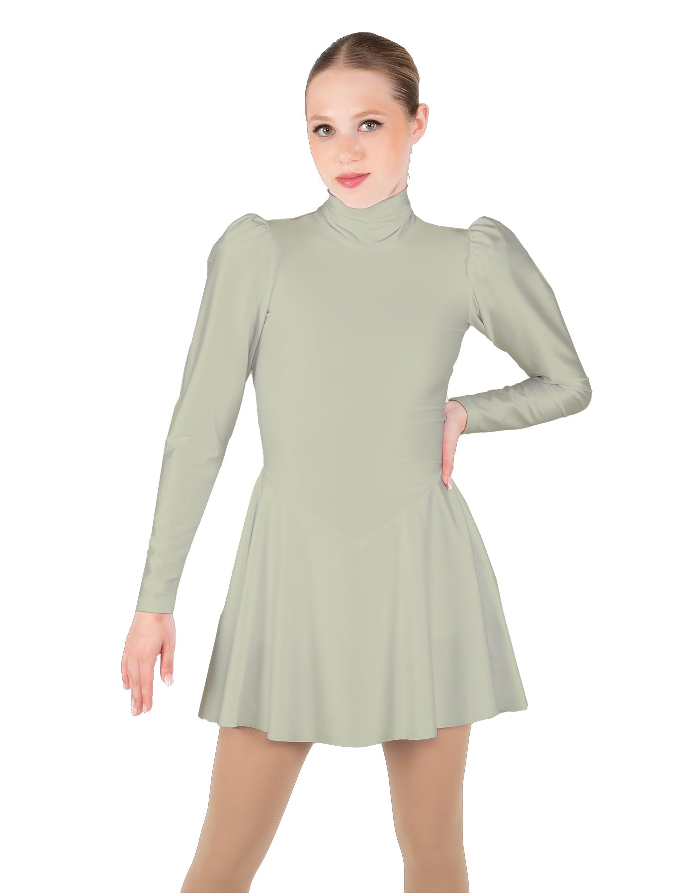 Solid Lycra LS Puff Sleeve TNeck Keyhole Back Dress