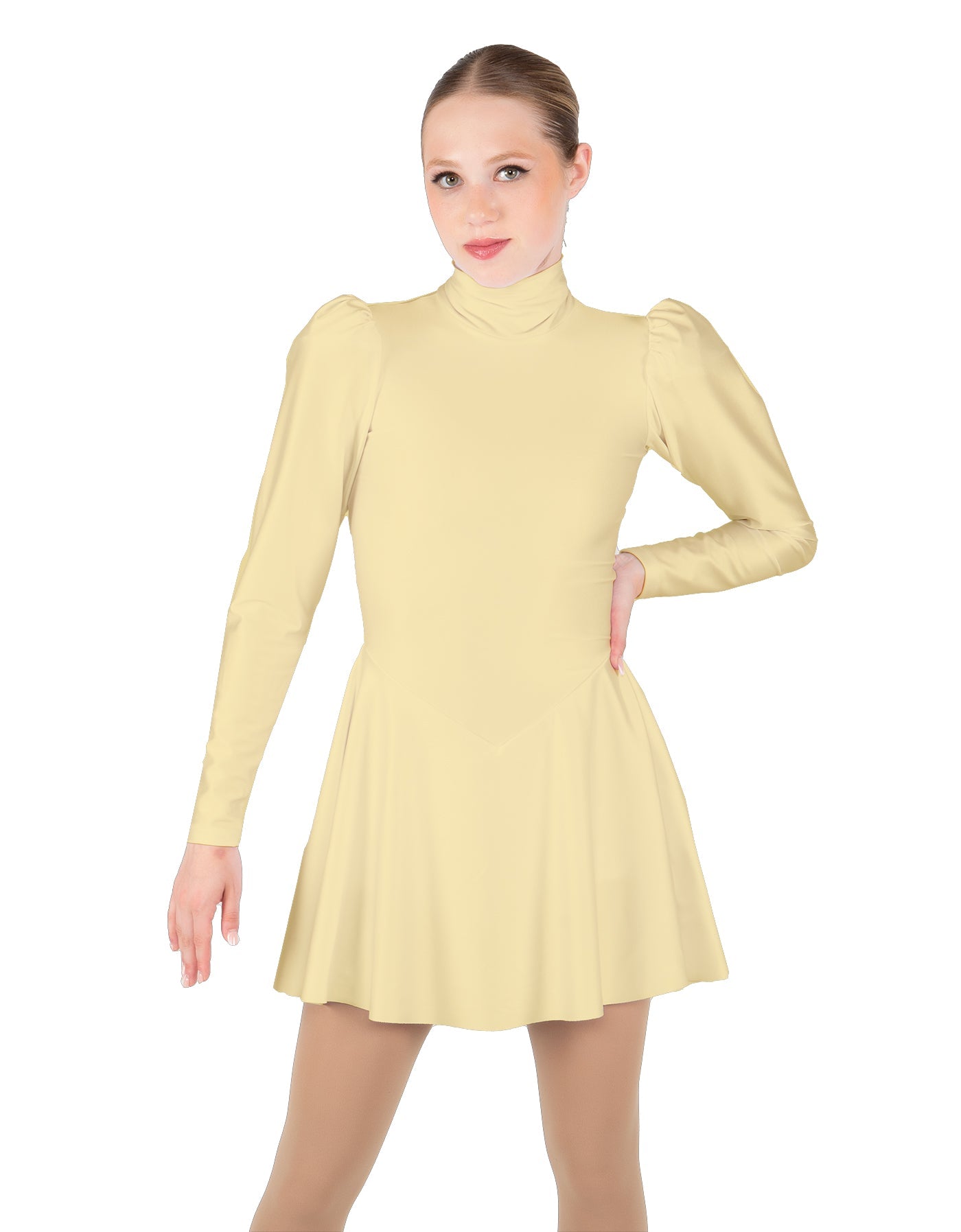 Solid Lycra LS Puff Sleeve TNeck Keyhole Back Dress