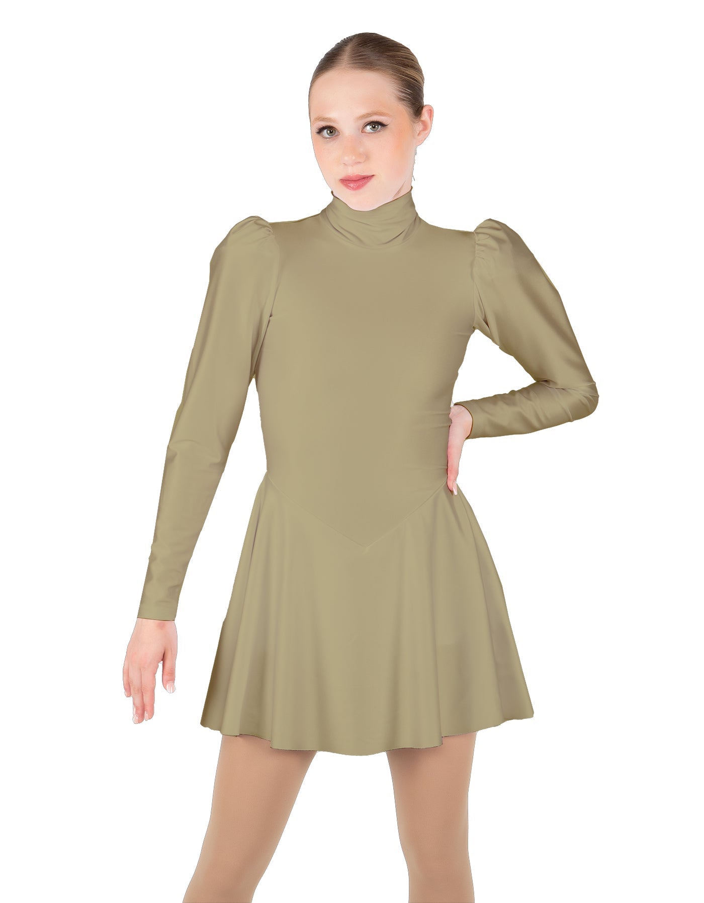 Solid Lycra LS Puff Sleeve TNeck Keyhole Back Dress