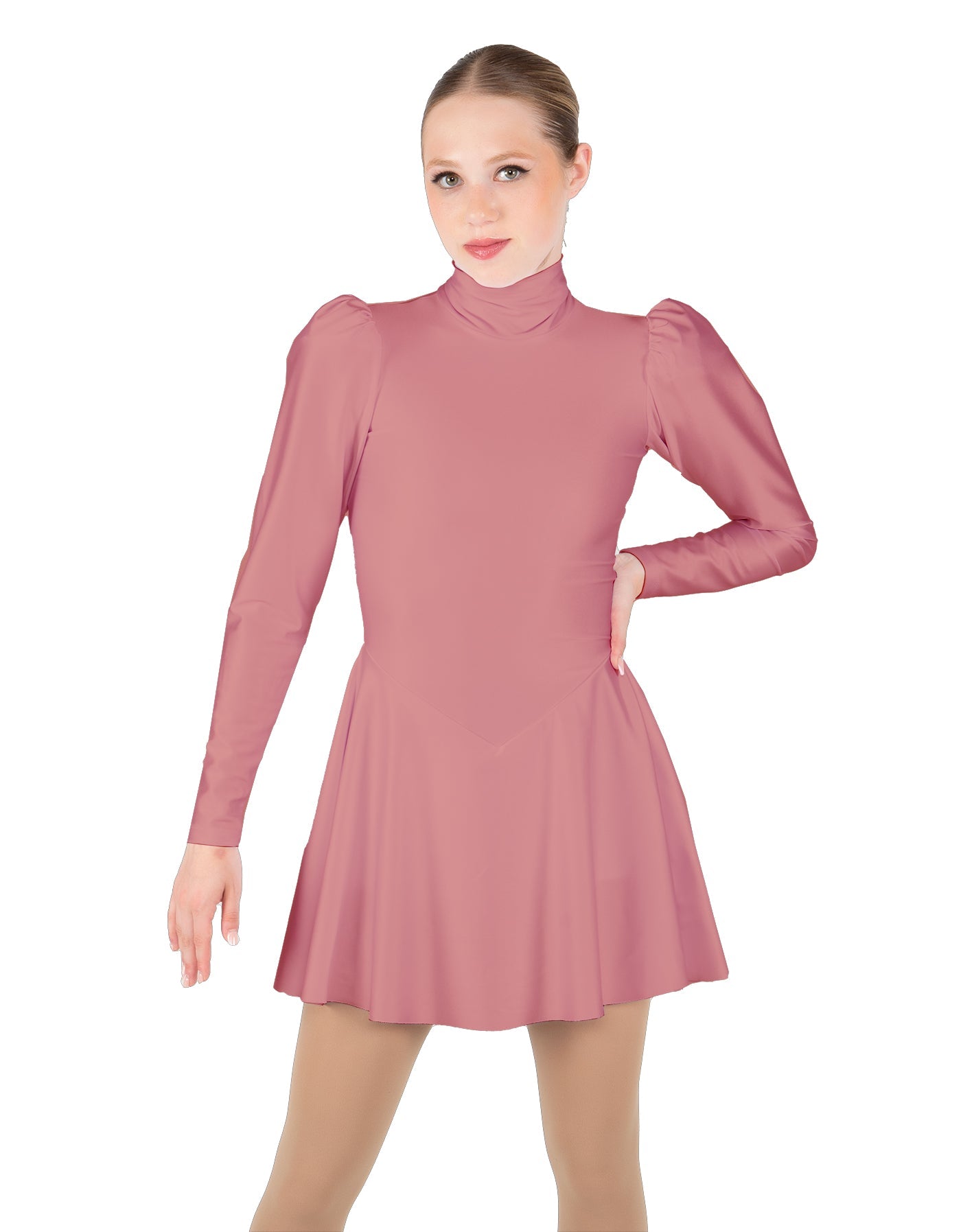 Solid Lycra LS Puff Sleeve TNeck Keyhole Back Dress