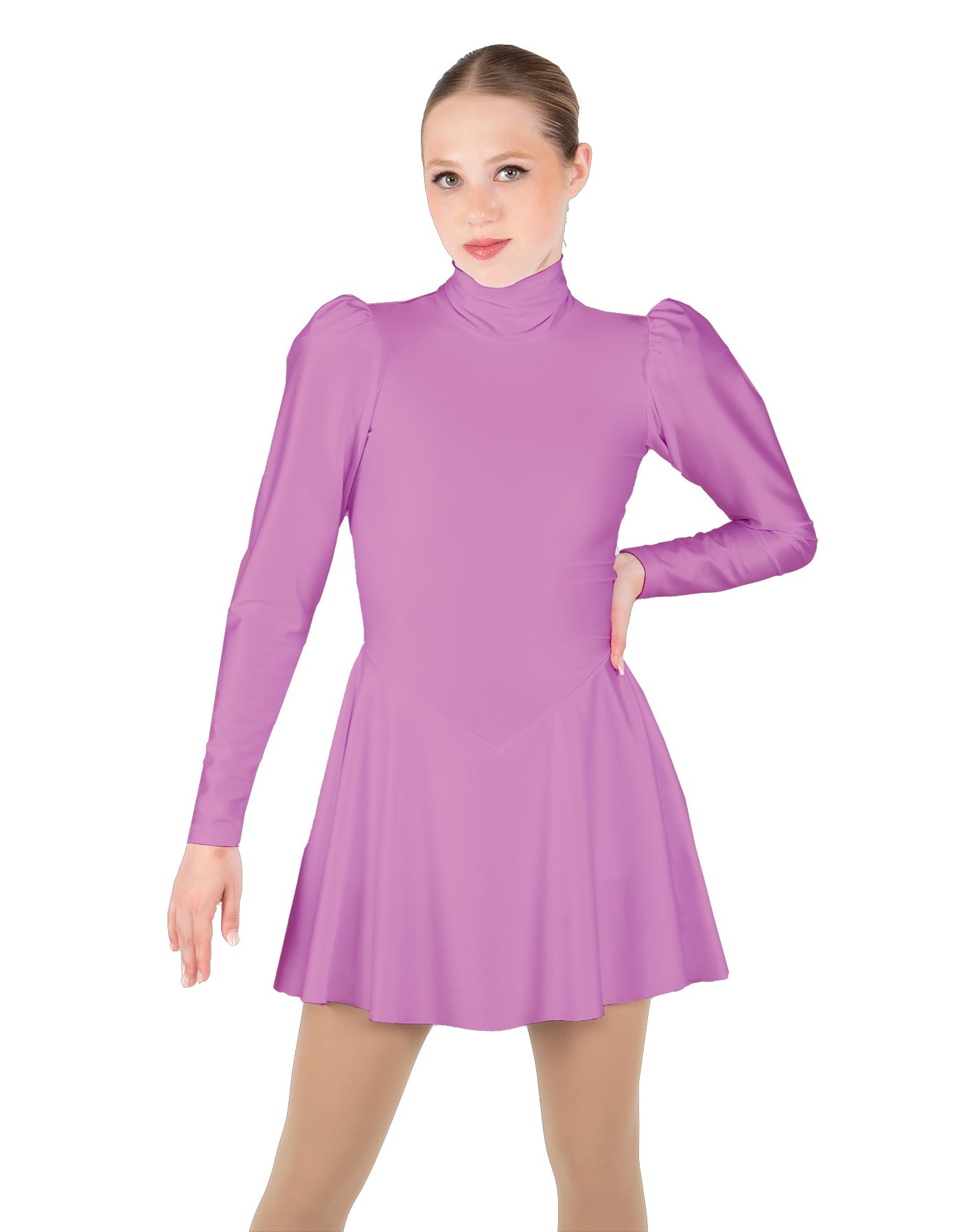 Solid Lycra LS Puff Sleeve TNeck Keyhole Back Dress