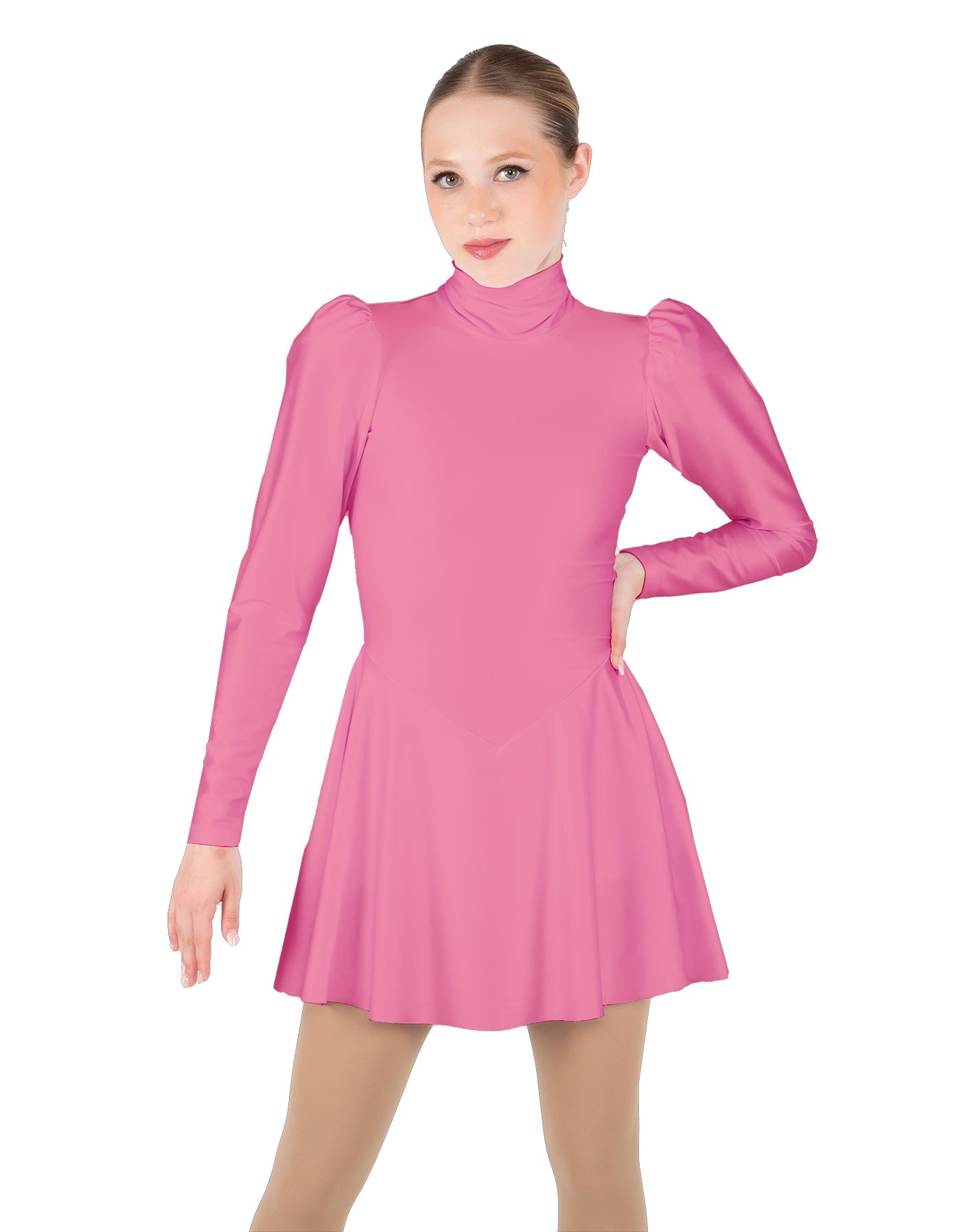 Solid Lycra LS Puff Sleeve TNeck Keyhole Back Dress