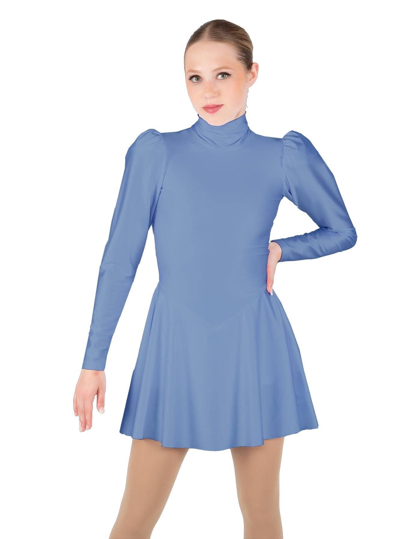 Solid Lycra LS Puff Sleeve TNeck Keyhole Back Dress