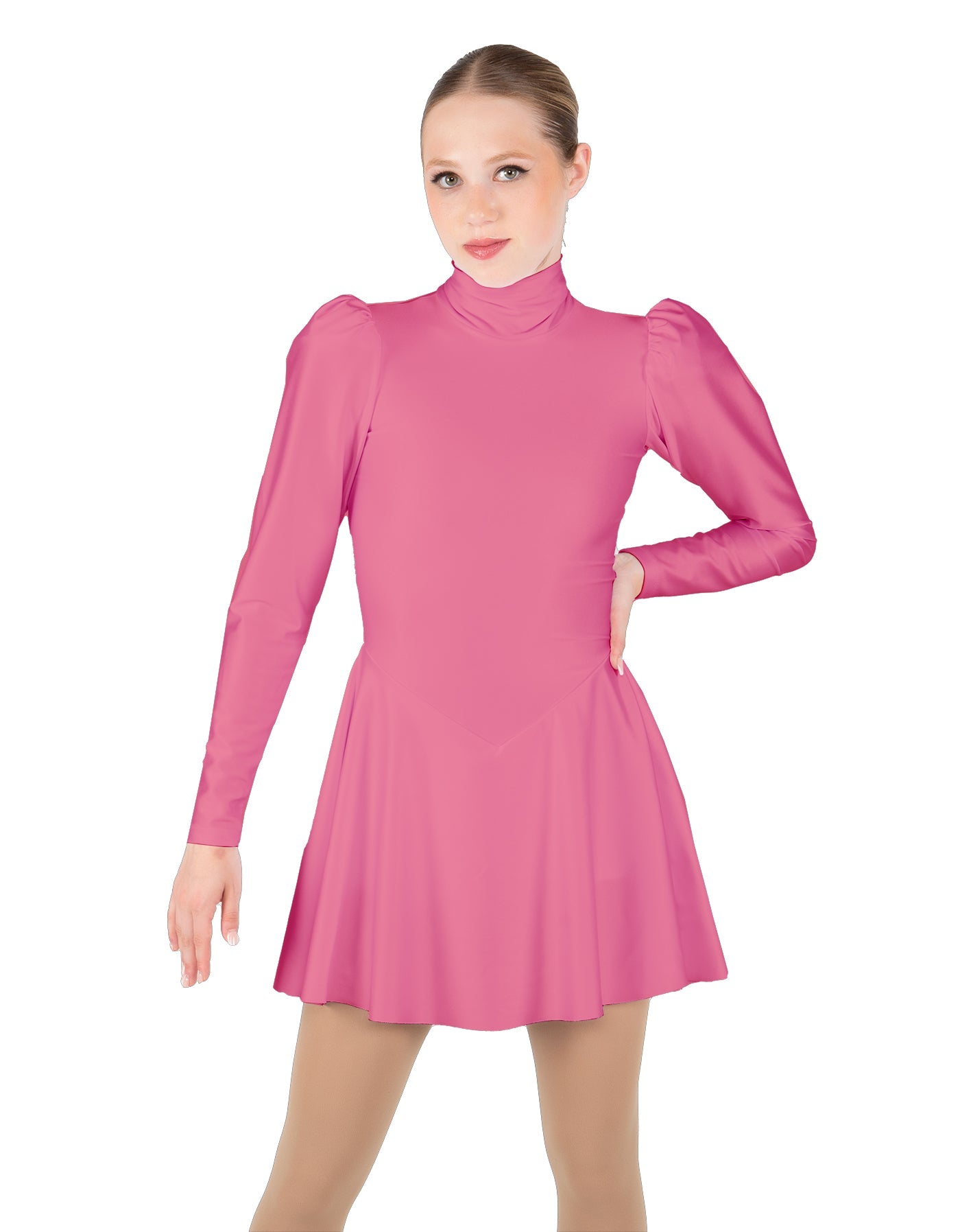 Solid Lycra LS Puff Sleeve TNeck Keyhole Back Dress