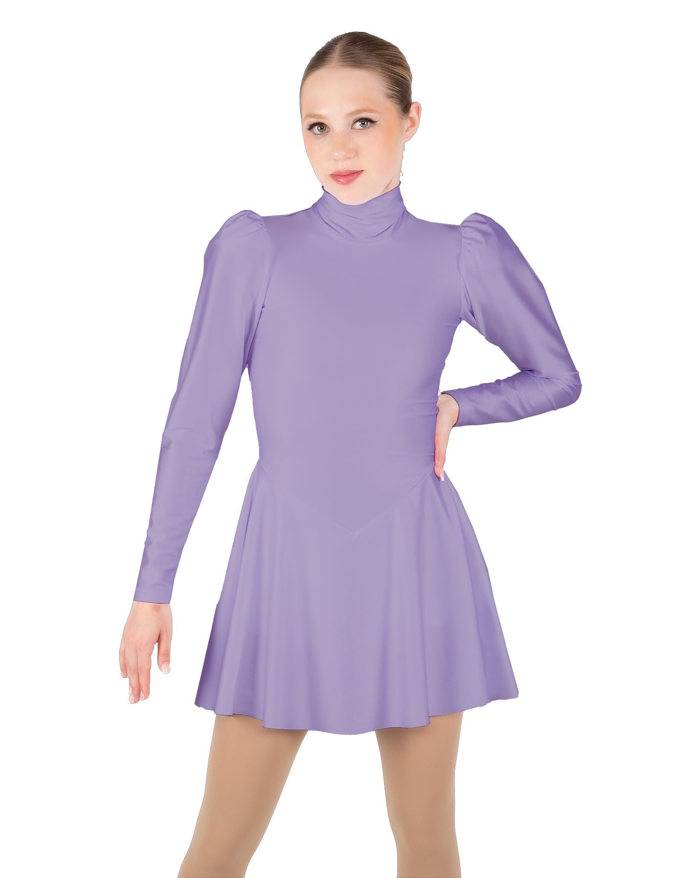 Solid Lycra LS Puff Sleeve TNeck Keyhole Back Dress