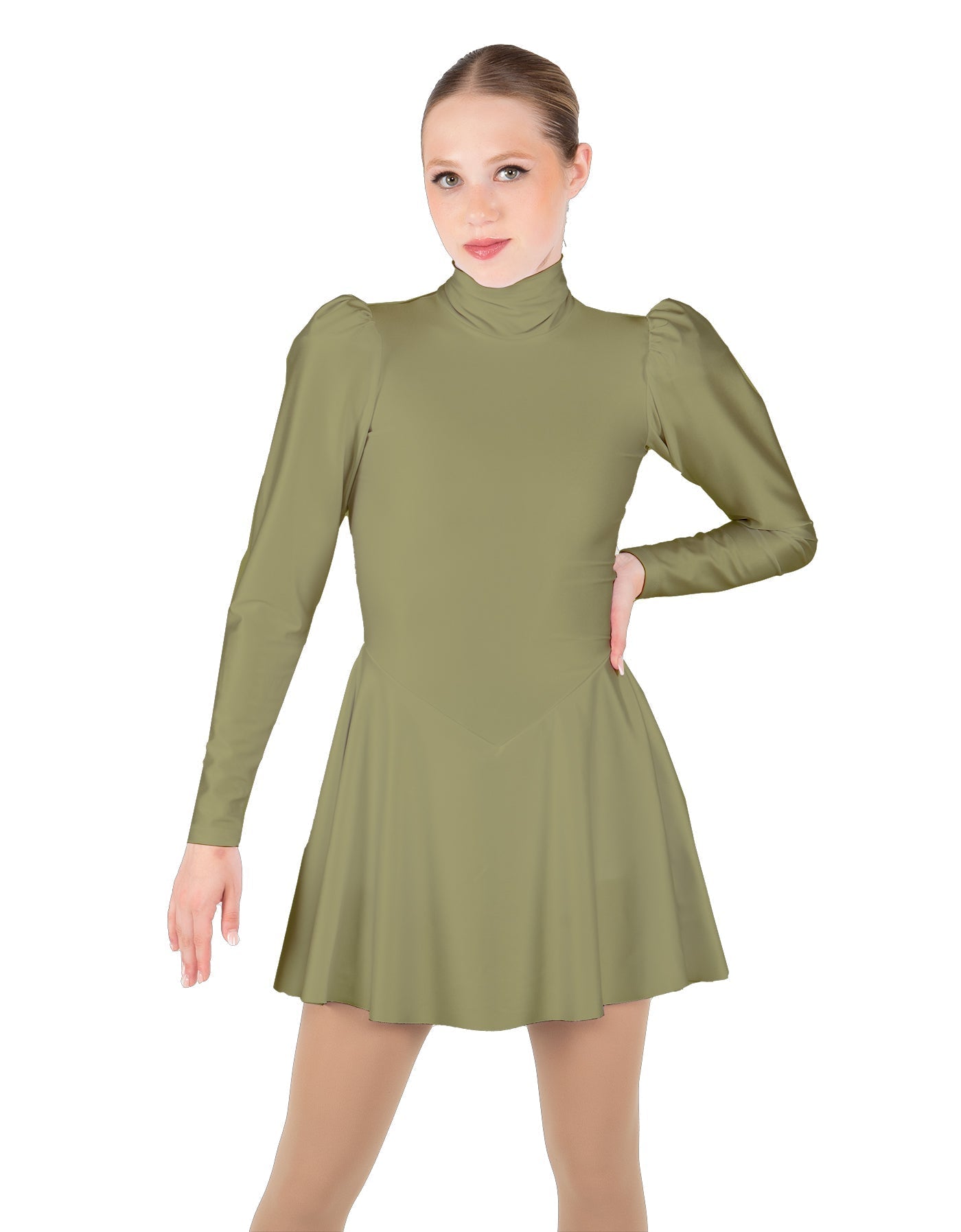 Solid Lycra LS Puff Sleeve TNeck Keyhole Back Dress