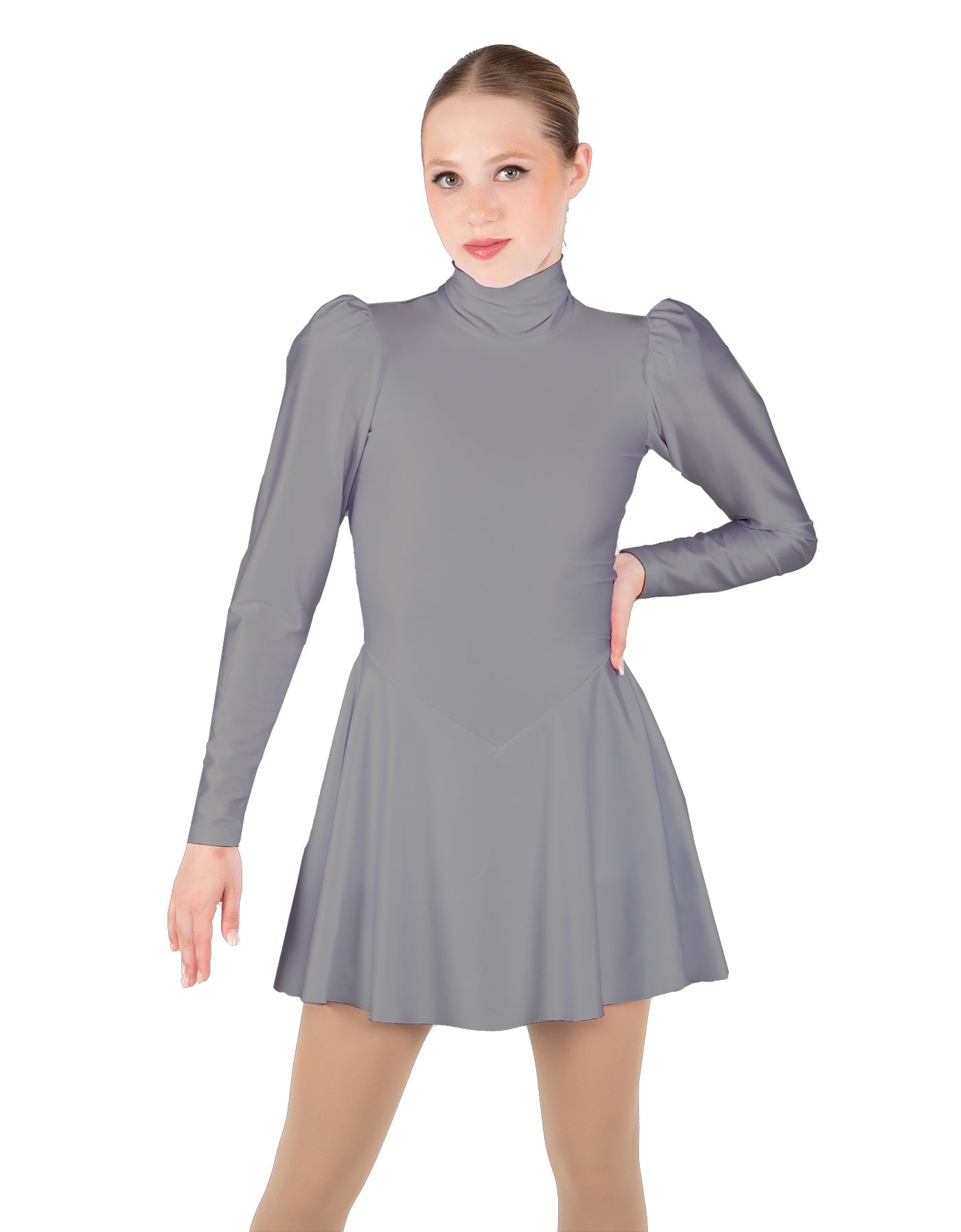 Solid Lycra LS Puff Sleeve TNeck Keyhole Back Dress