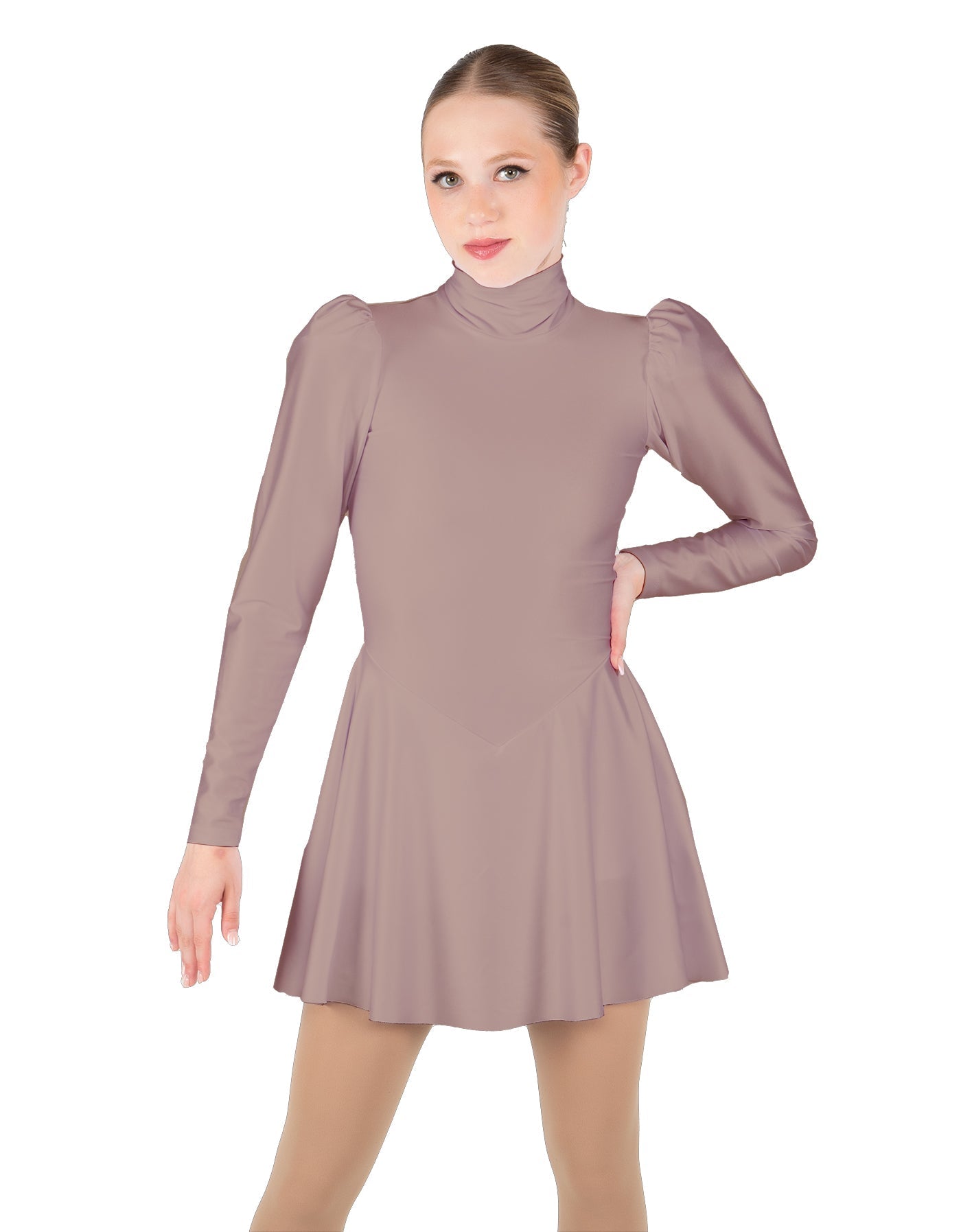 Solid Lycra LS Puff Sleeve TNeck Keyhole Back Dress