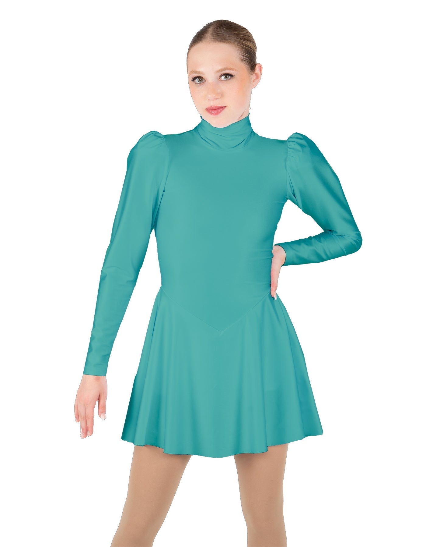Solid Lycra LS Puff Sleeve TNeck Keyhole Back Dress