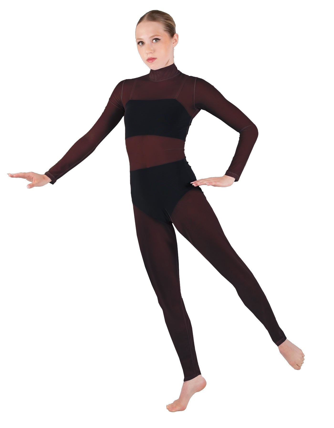 Solid Lycra LS Tneck Open Back Unitard with Bandeau and Panty