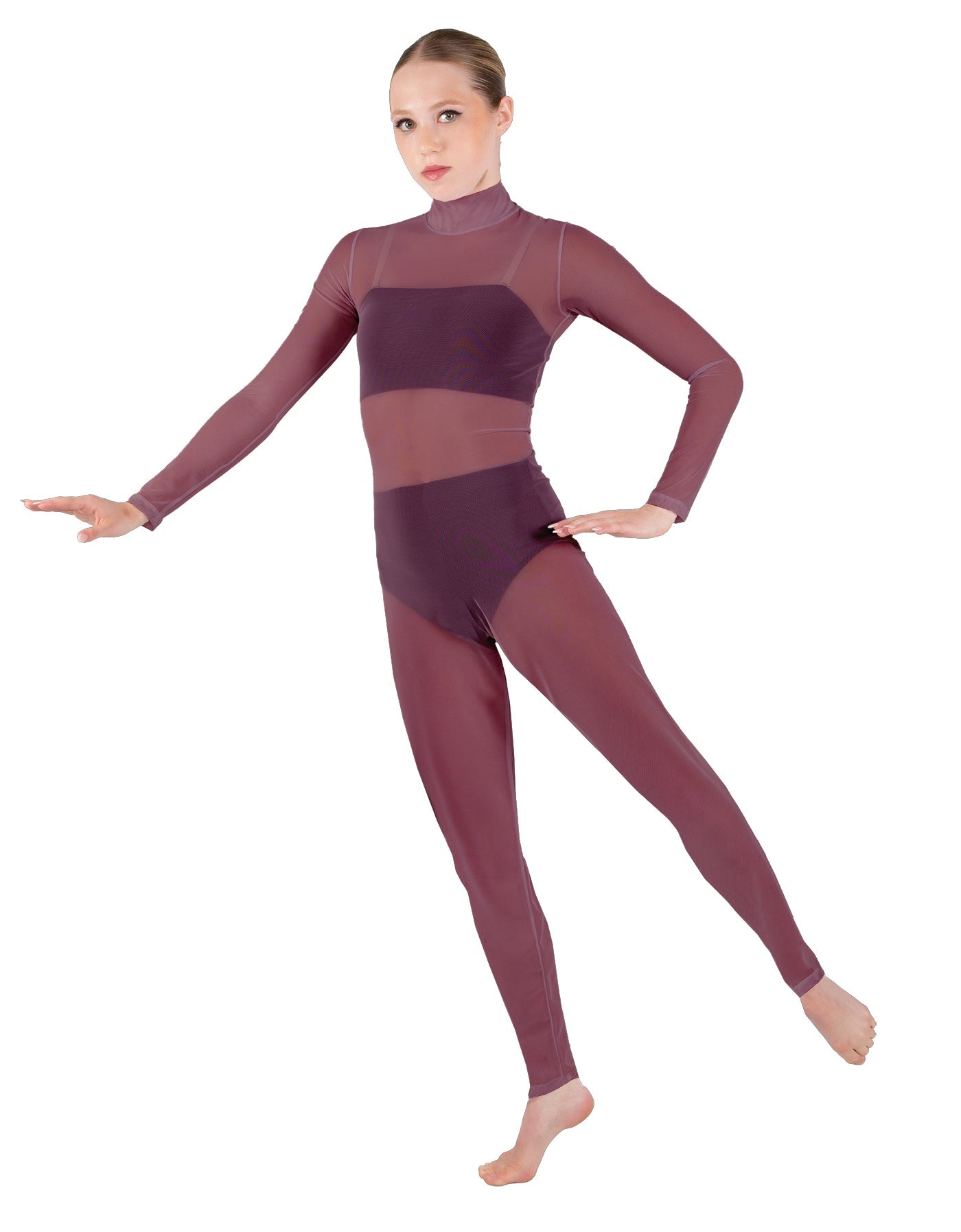 Solid Lycra LS Tneck Open Back Unitard with Bandeau and Panty
