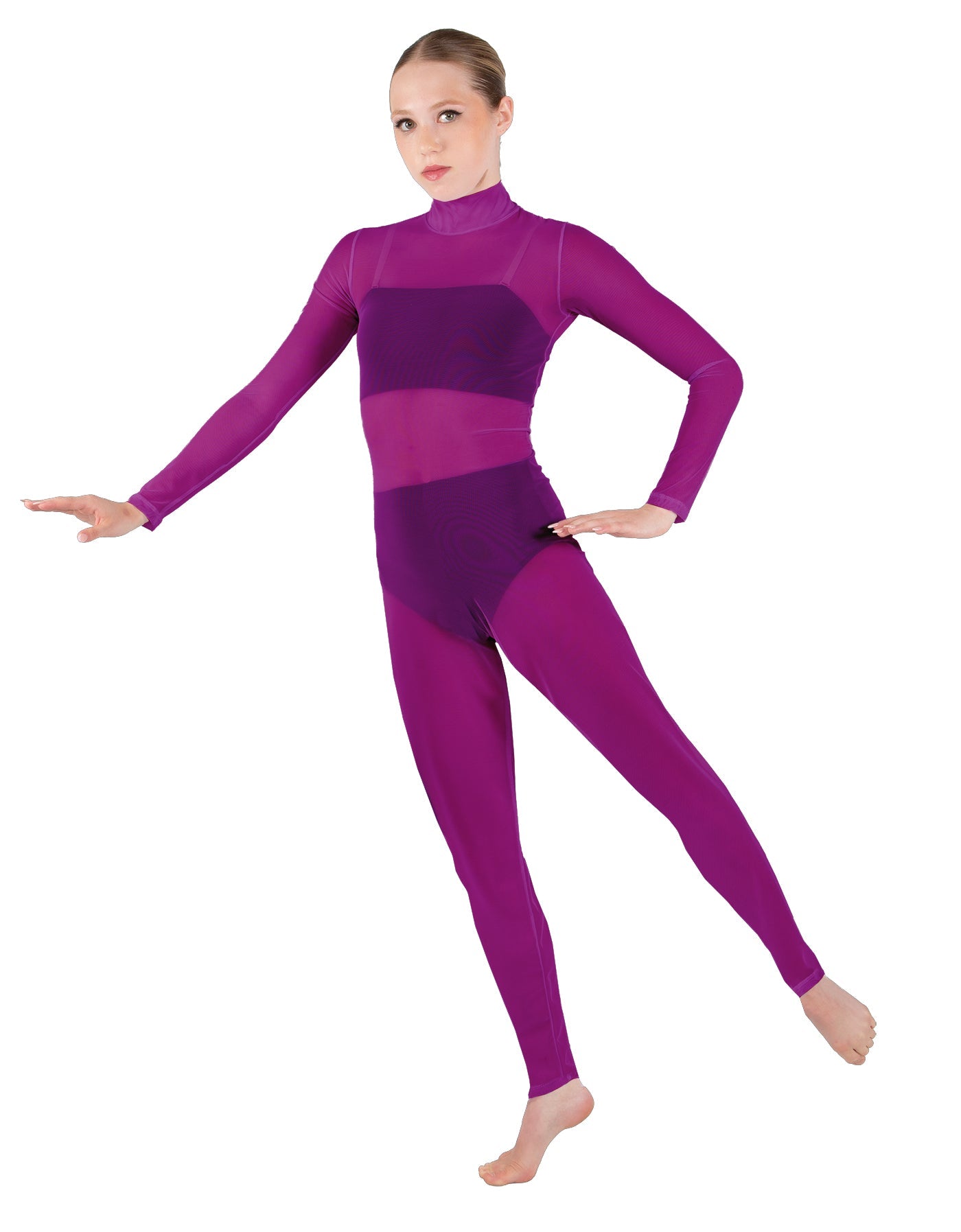 Solid Lycra LS Tneck Open Back Unitard with Bandeau and Panty
