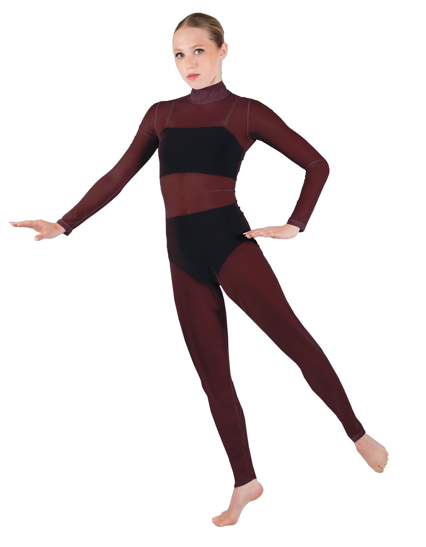 Solid Lycra LS Tneck Open Back Unitard with Bandeau and Panty