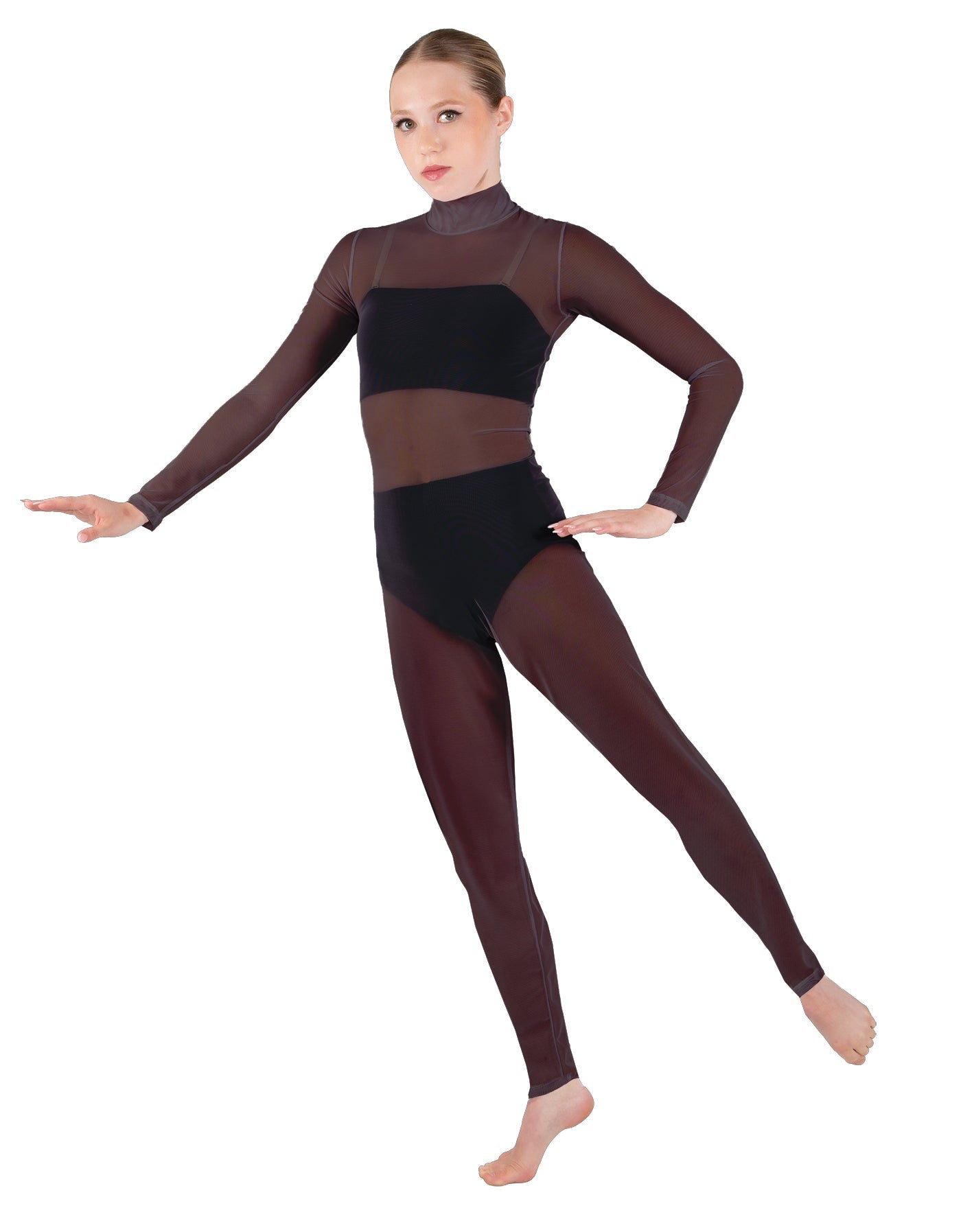 Solid Lycra LS Tneck Open Back Unitard with Bandeau and Panty