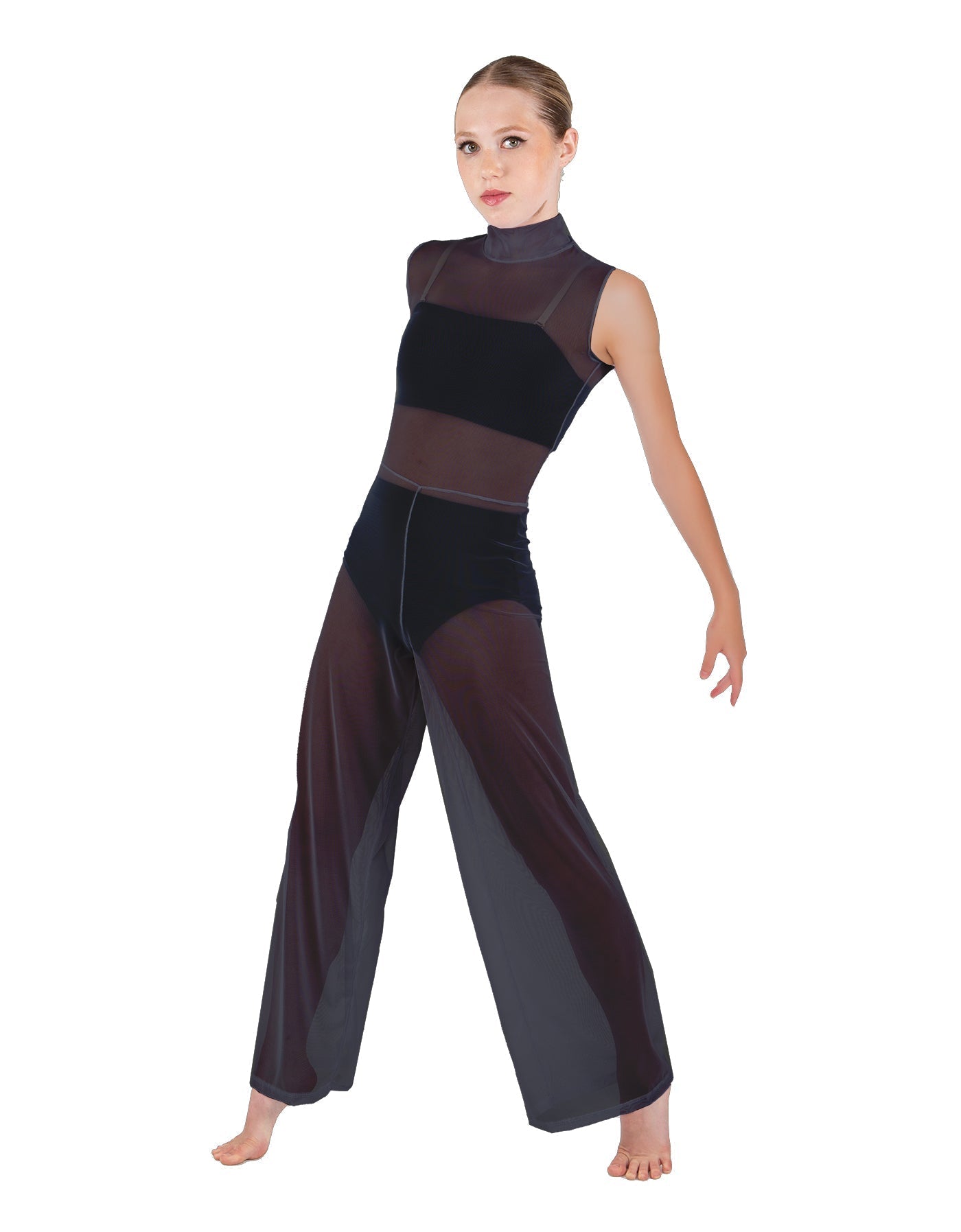 Solid Lycra TNeck Keyhole Wide Leg Mesh Unitard with Bandeau and Panty