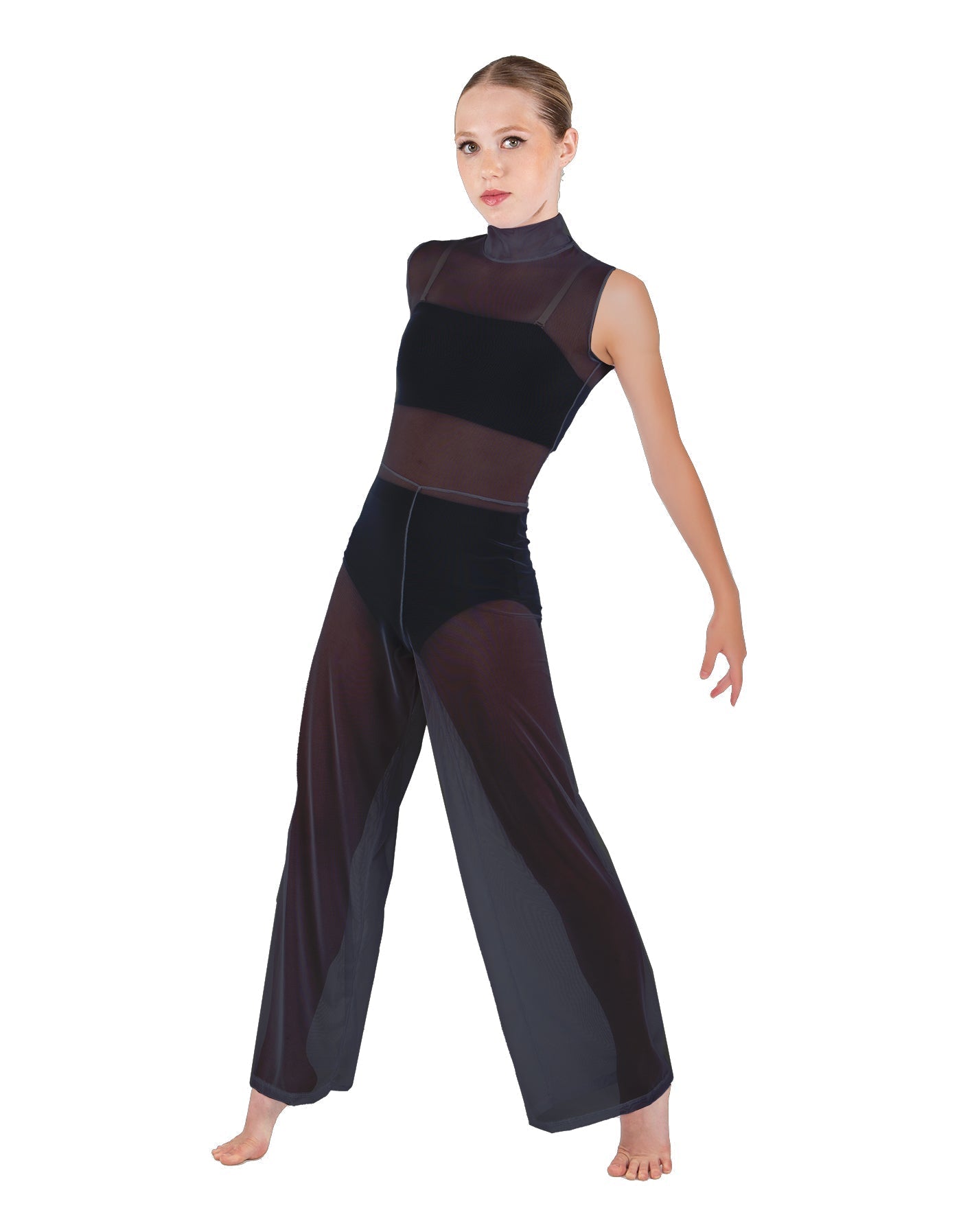 Solid Lycra TNeck Keyhole Wide Leg Mesh Unitard with Bandeau and Panty
