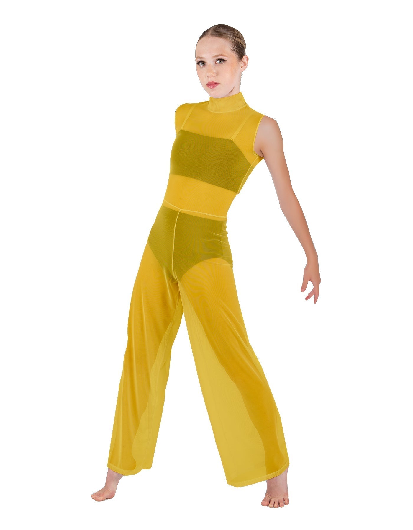 Solid Lycra TNeck Keyhole Wide Leg Mesh Unitard with Bandeau and Panty