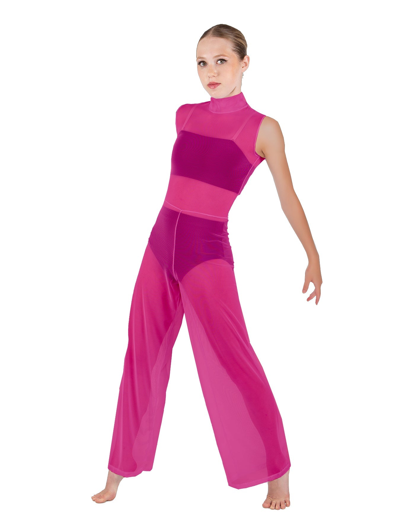 Solid Lycra TNeck Keyhole Wide Leg Mesh Unitard with Bandeau and Panty