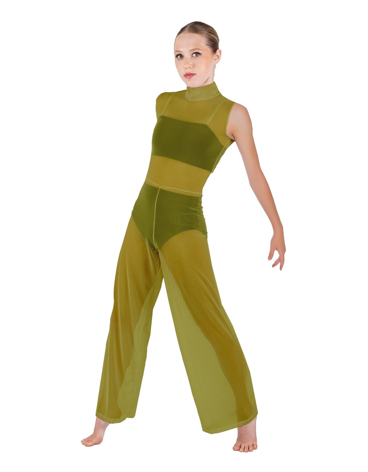 Solid Lycra TNeck Keyhole Wide Leg Mesh Unitard with Bandeau and Panty