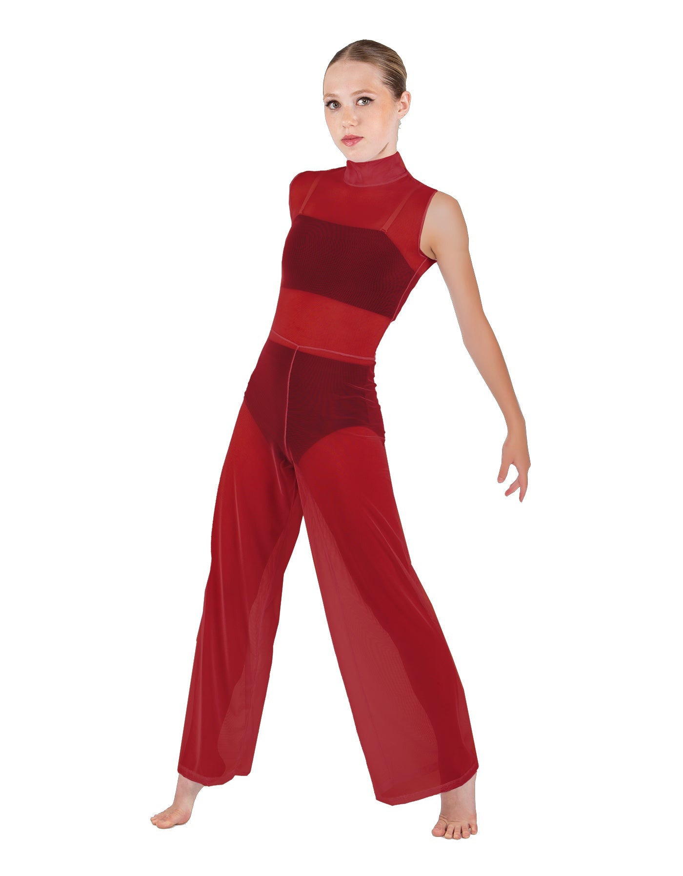 Solid Lycra TNeck Keyhole Wide Leg Mesh Unitard with Bandeau and Panty