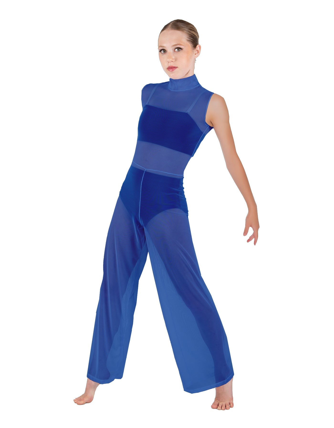 Solid Lycra TNeck Keyhole Wide Leg Mesh Unitard with Bandeau and Panty