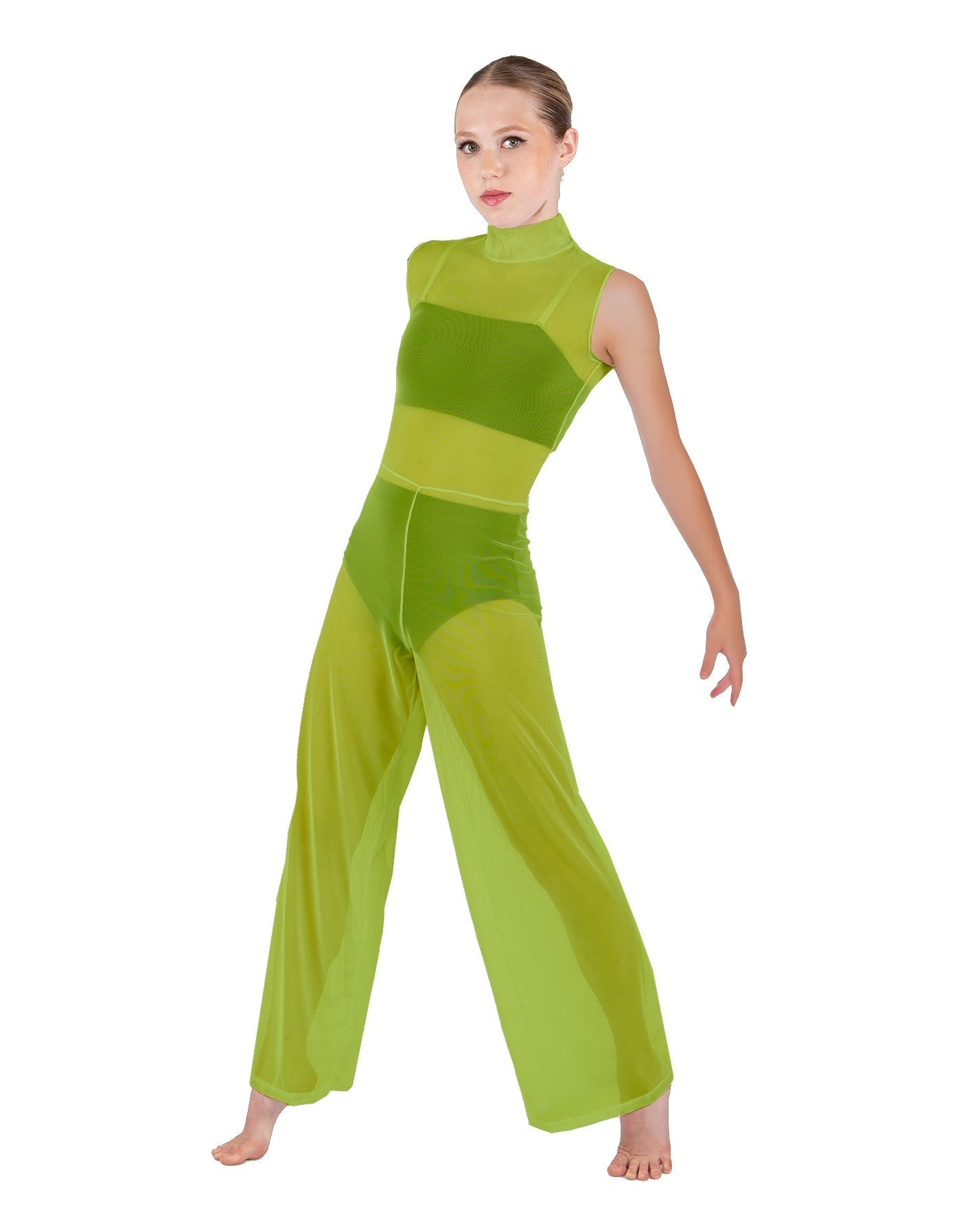 Solid Lycra TNeck Keyhole Wide Leg Mesh Unitard with Bandeau and Panty