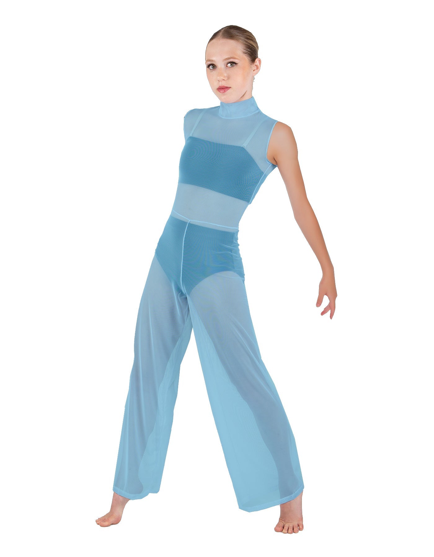 Solid Lycra TNeck Keyhole Wide Leg Mesh Unitard with Bandeau and Panty
