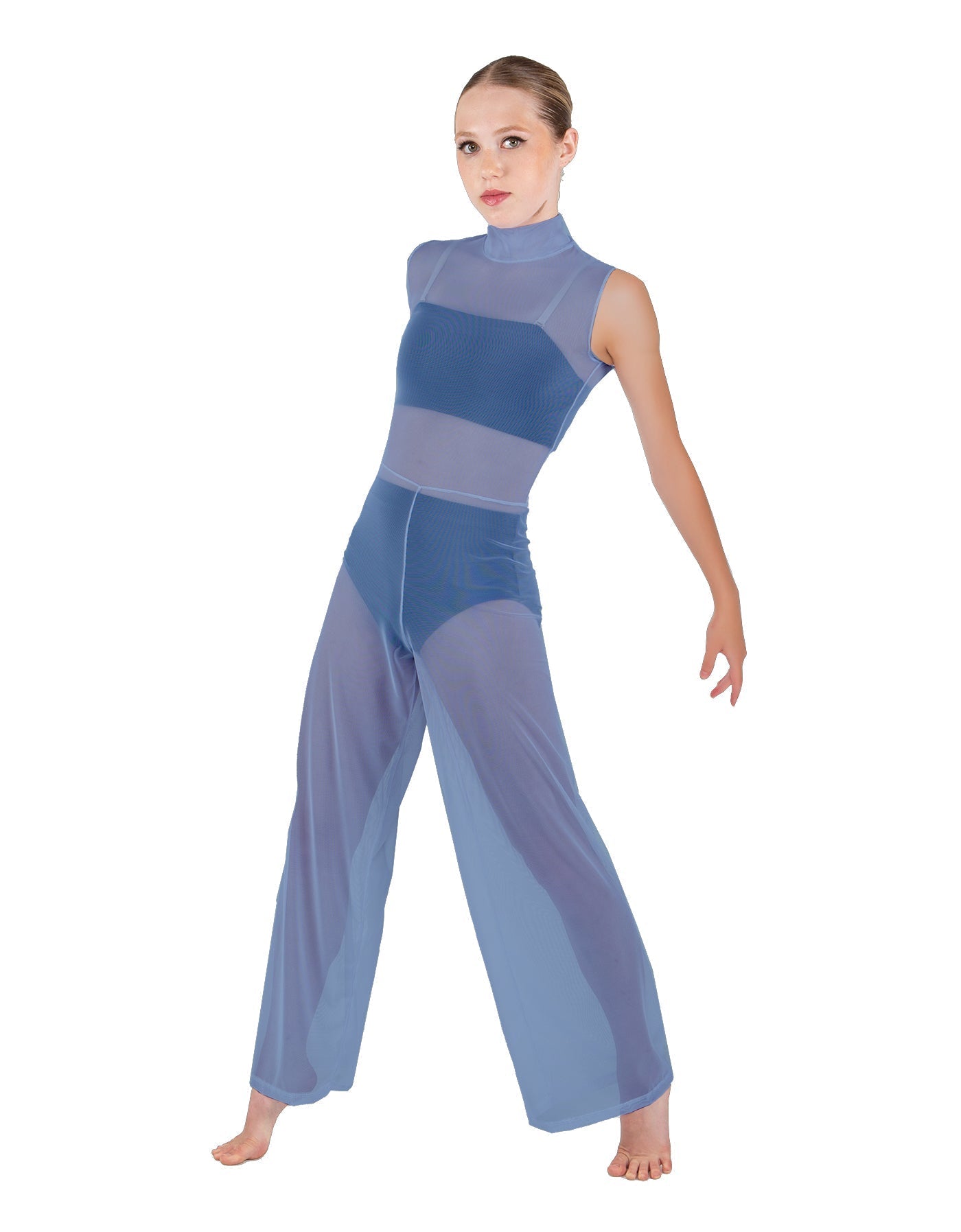 Solid Lycra TNeck Keyhole Wide Leg Mesh Unitard with Bandeau and Panty