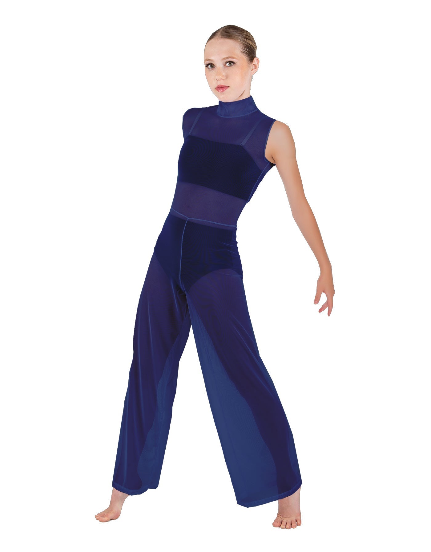 Solid Lycra TNeck Keyhole Wide Leg Mesh Unitard with Bandeau and Panty