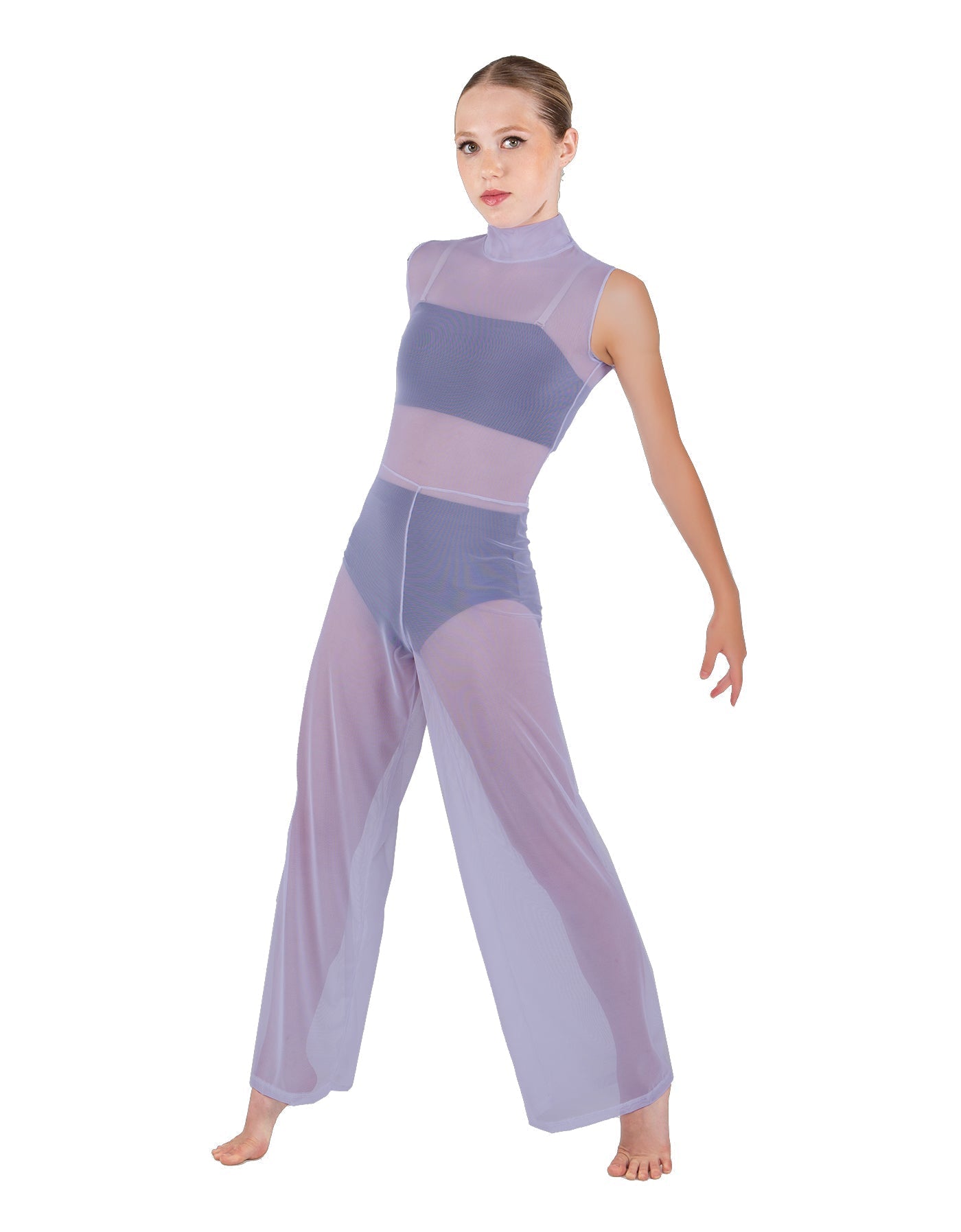 Solid Lycra TNeck Keyhole Wide Leg Mesh Unitard with Bandeau and Panty
