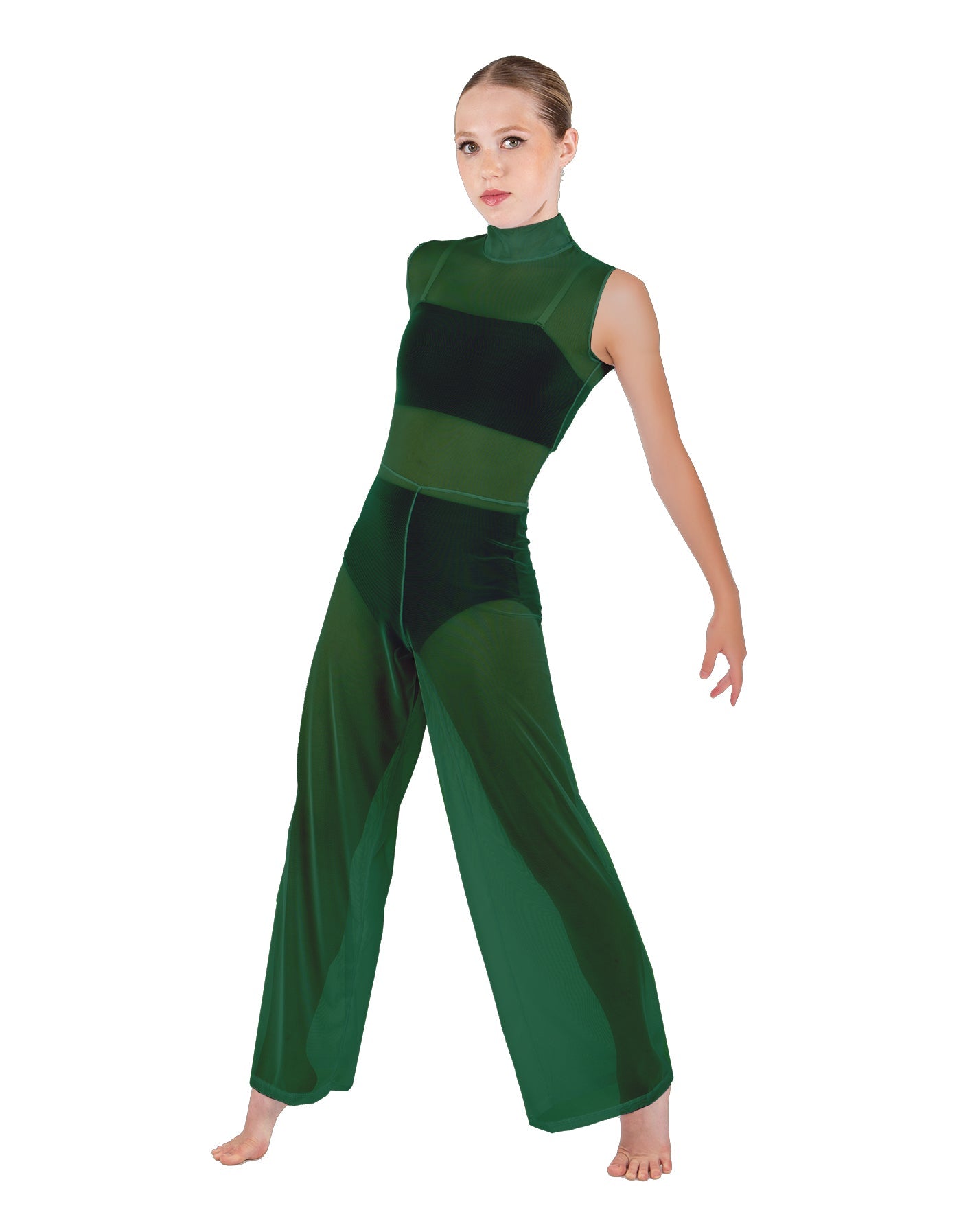 Solid Lycra TNeck Keyhole Wide Leg Mesh Unitard with Bandeau and Panty