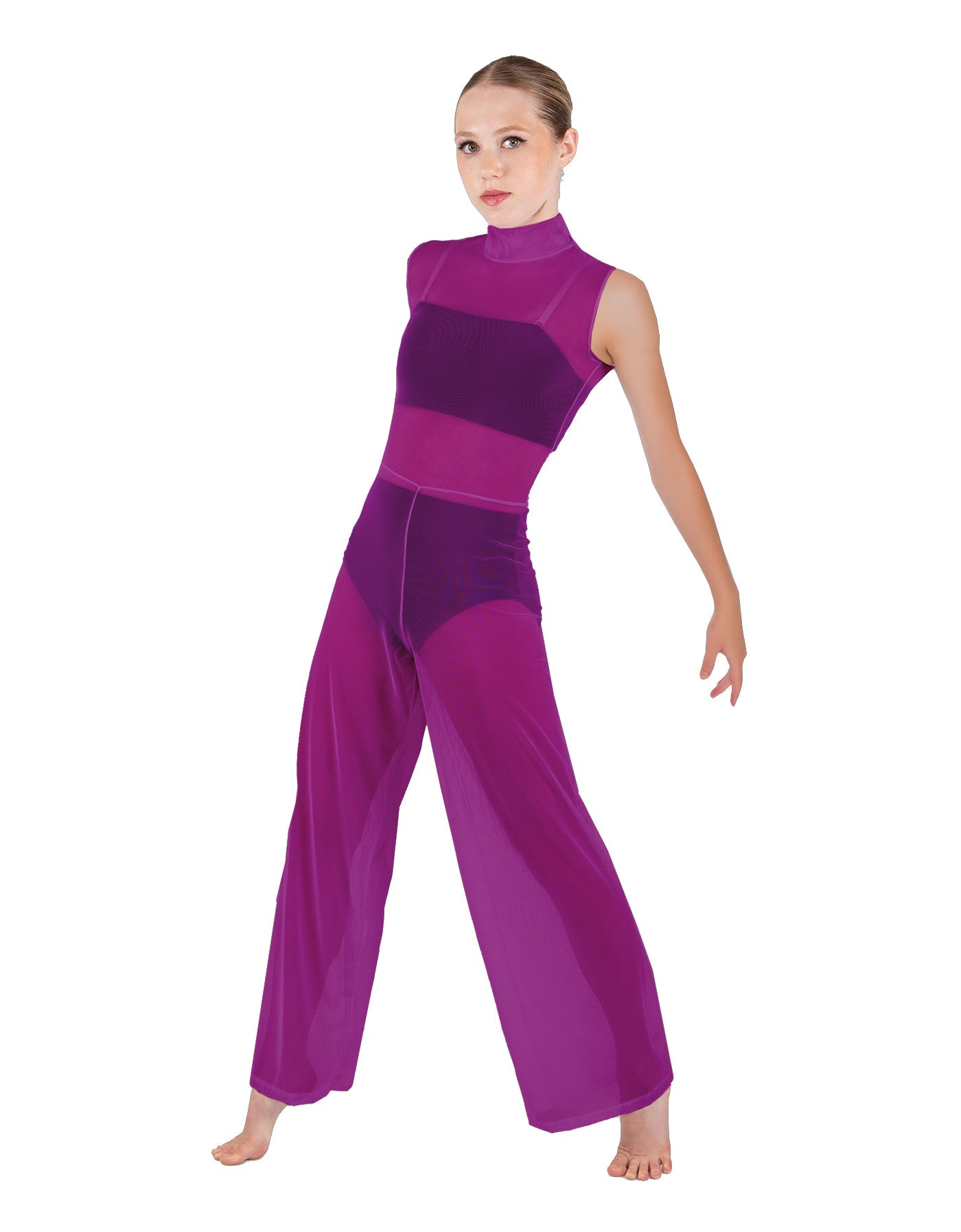 Solid Lycra TNeck Keyhole Wide Leg Mesh Unitard with Bandeau and Panty