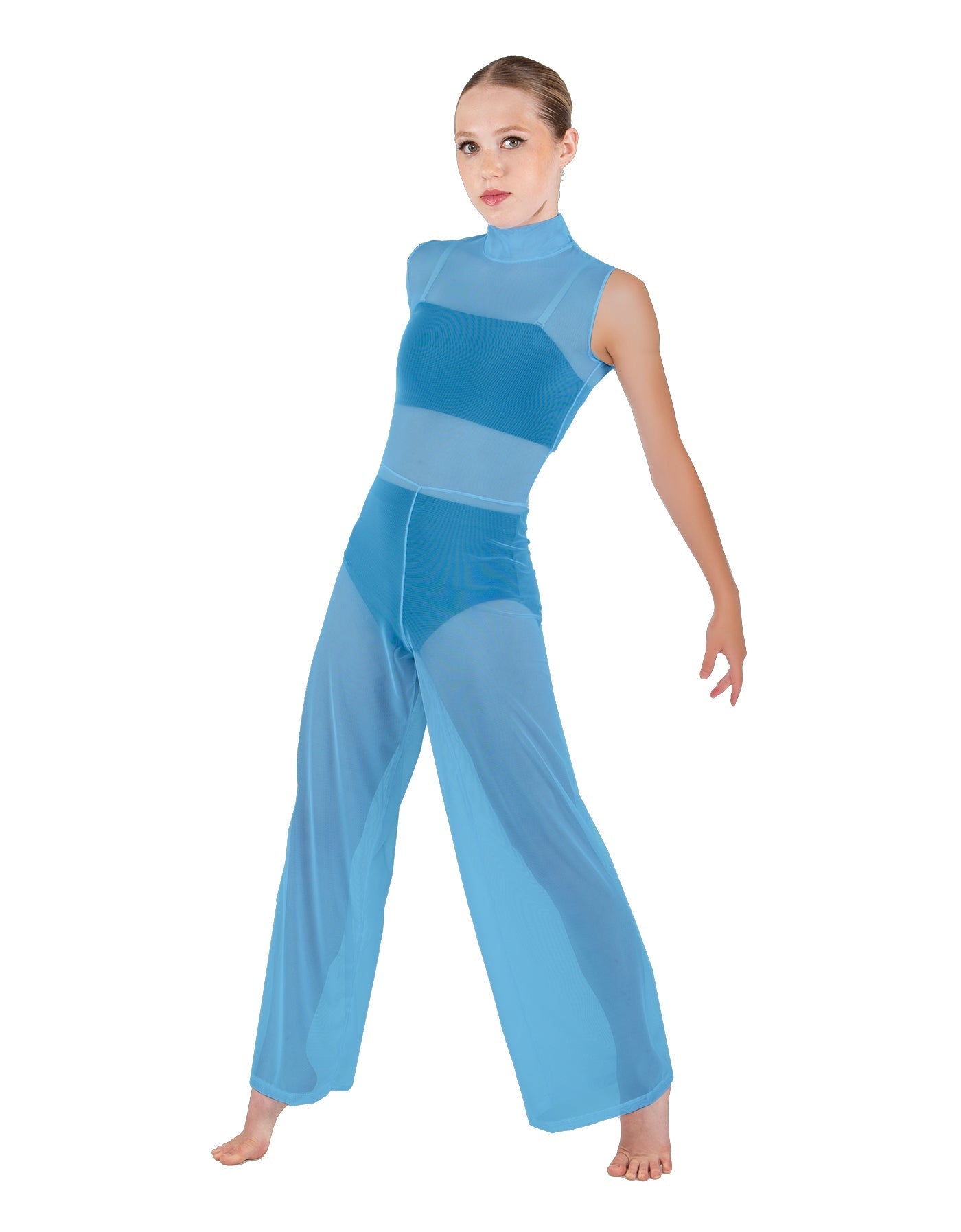 Solid Lycra TNeck Keyhole Wide Leg Mesh Unitard with Bandeau and Panty