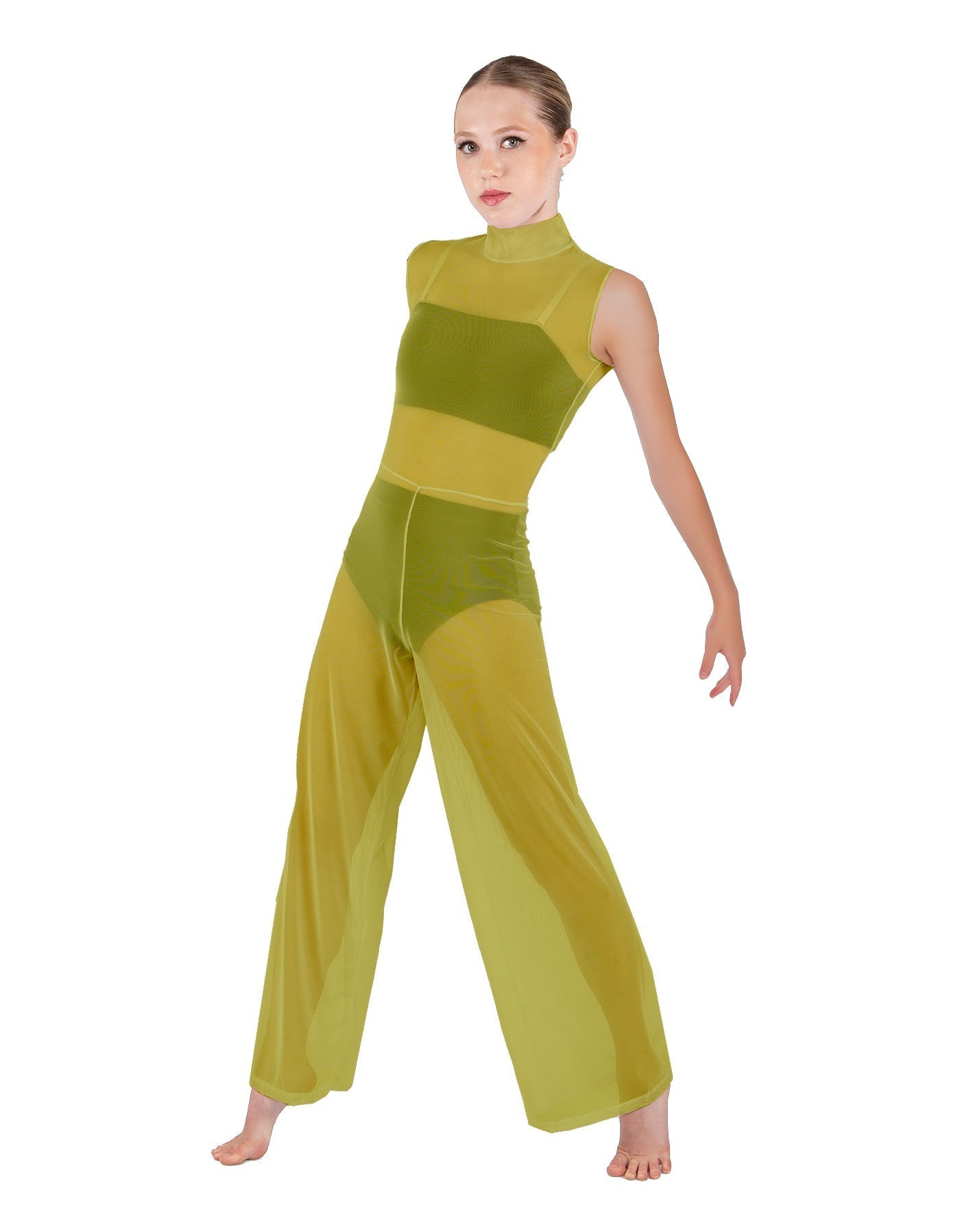 Solid Lycra TNeck Keyhole Wide Leg Mesh Unitard with Bandeau and Panty