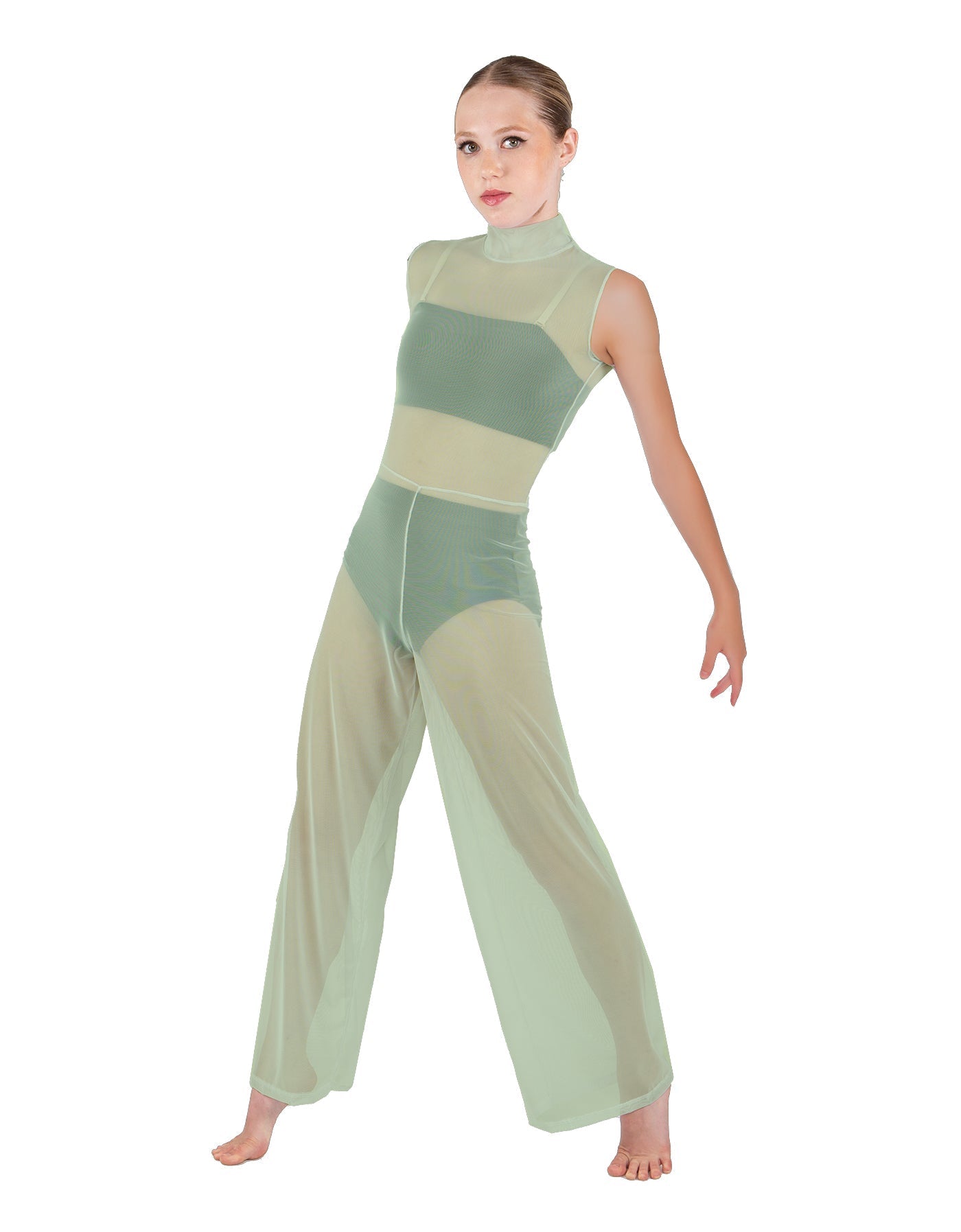 Solid Lycra TNeck Keyhole Wide Leg Mesh Unitard with Bandeau and Panty