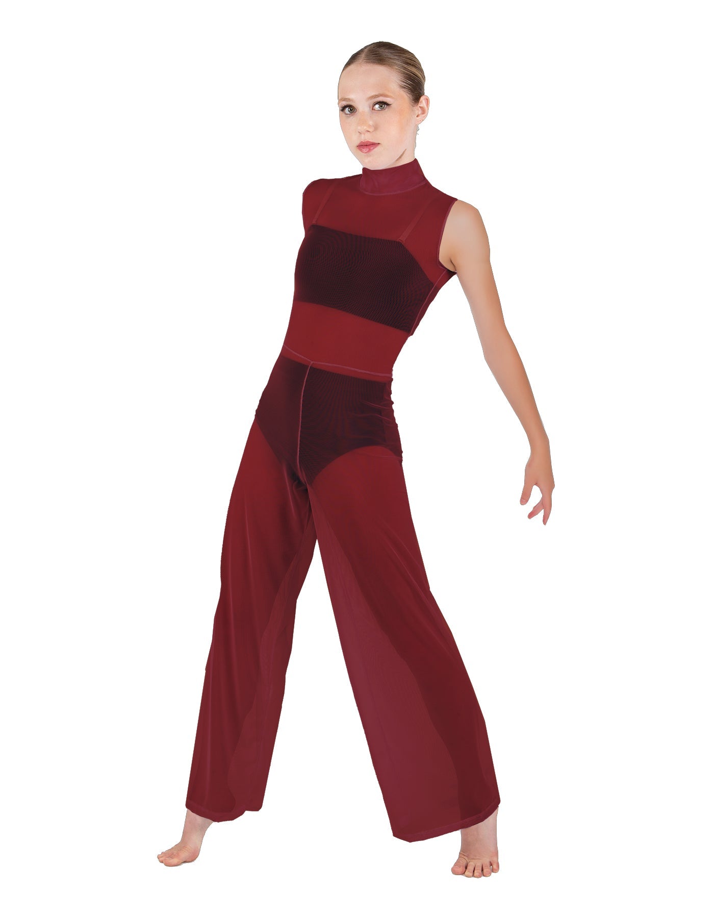 Solid Lycra TNeck Keyhole Wide Leg Mesh Unitard with Bandeau and Panty