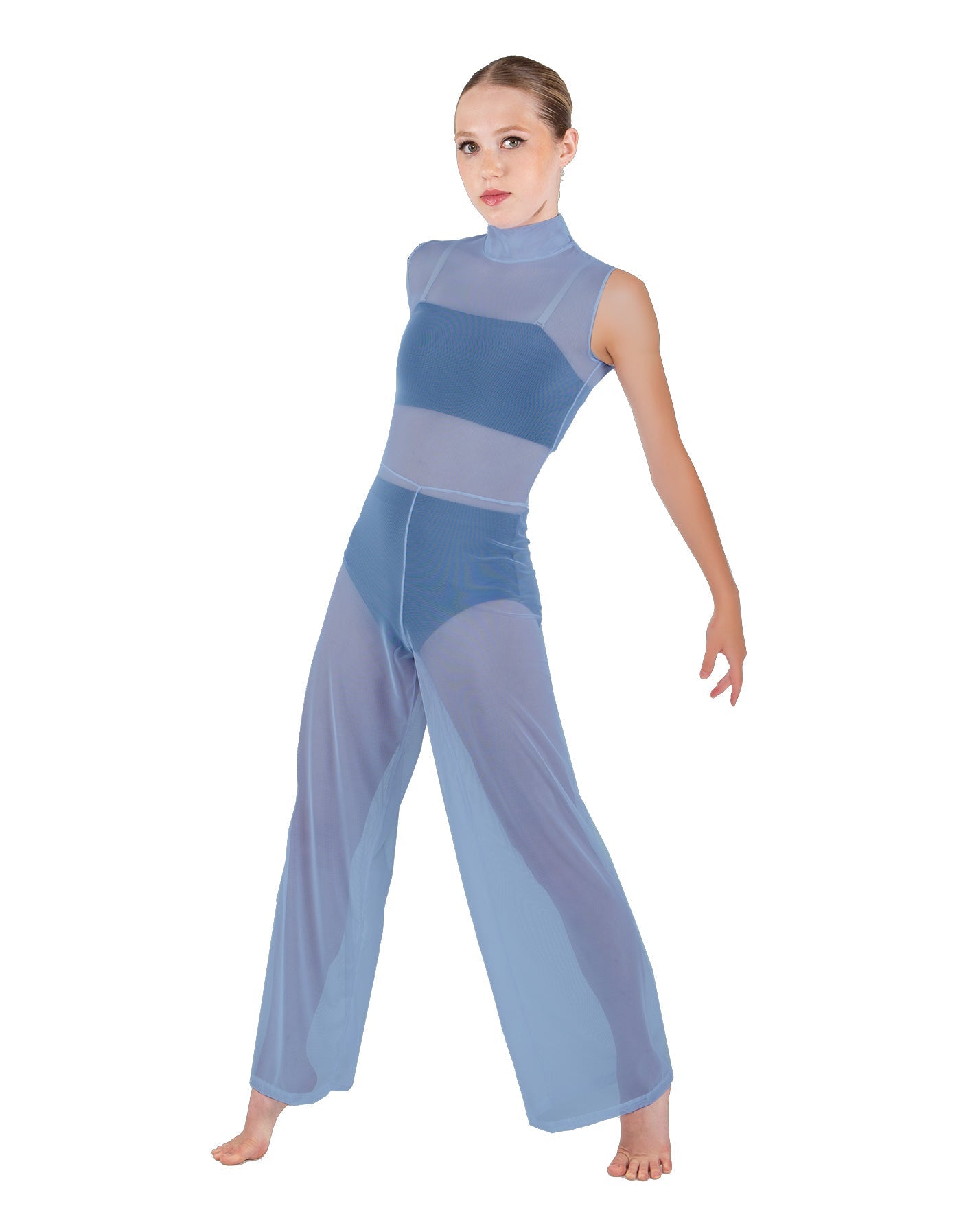Solid Lycra TNeck Keyhole Wide Leg Mesh Unitard with Bandeau and Panty