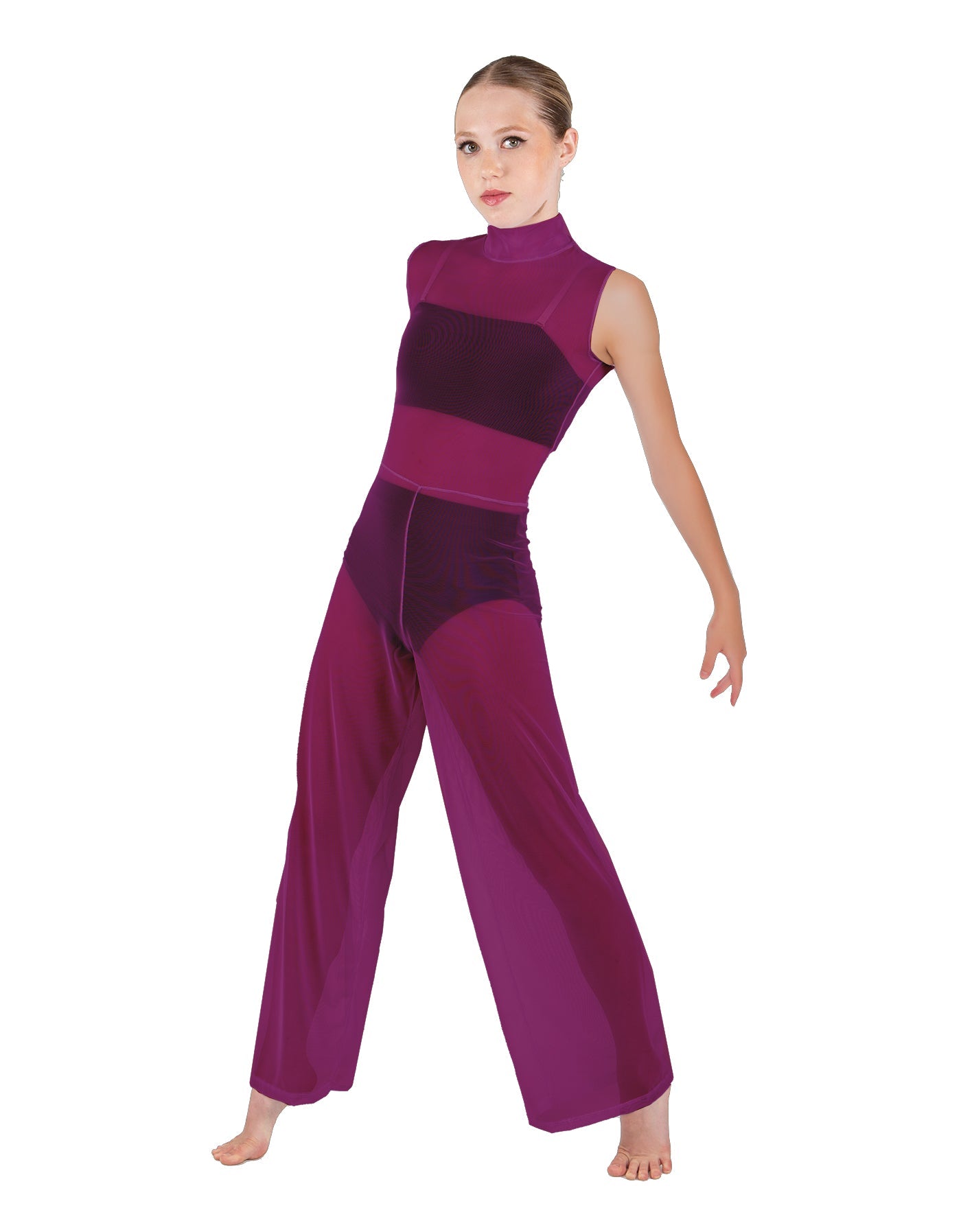 Solid Lycra TNeck Keyhole Wide Leg Mesh Unitard with Bandeau and Panty