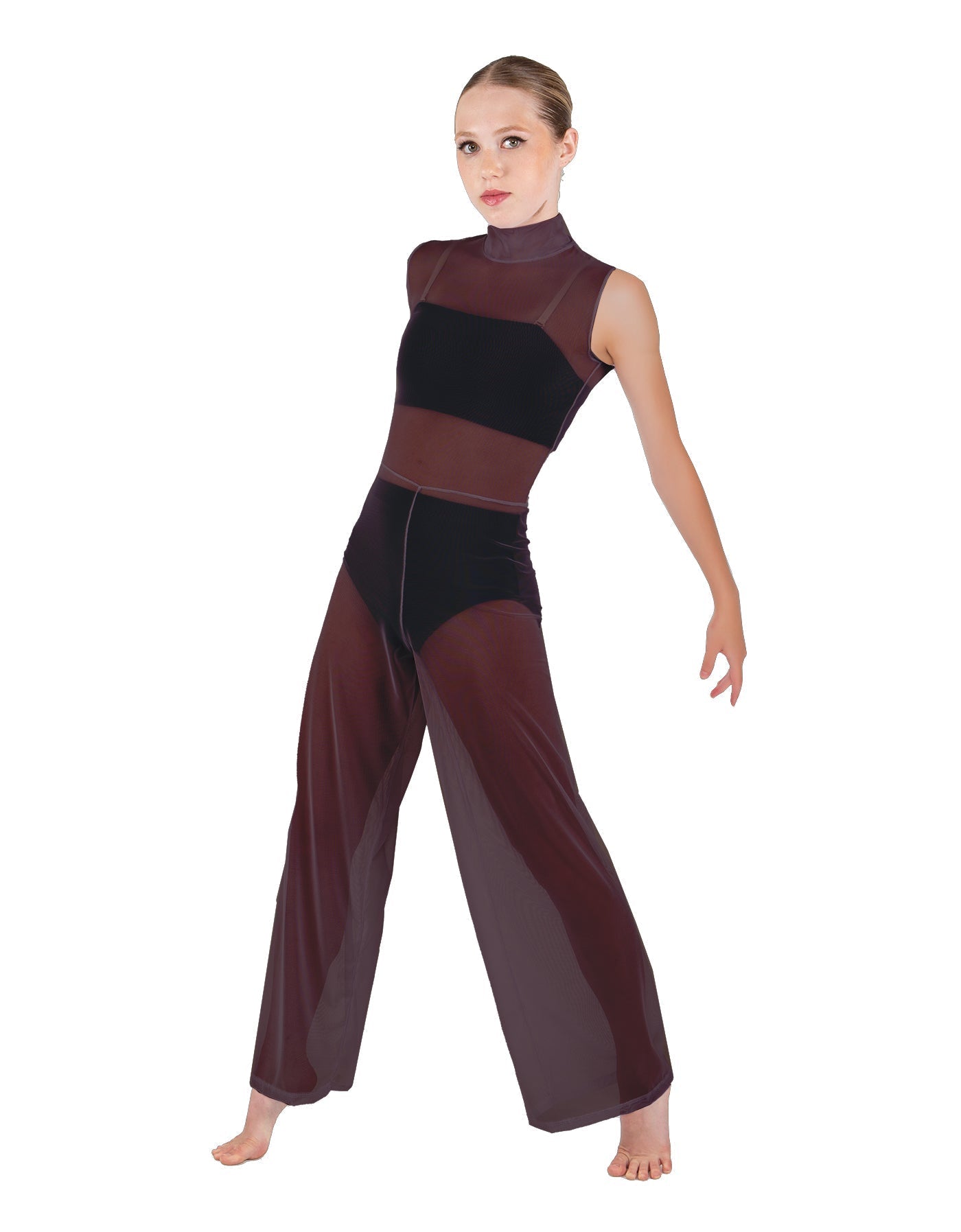 Solid Lycra TNeck Keyhole Wide Leg Mesh Unitard with Bandeau and Panty