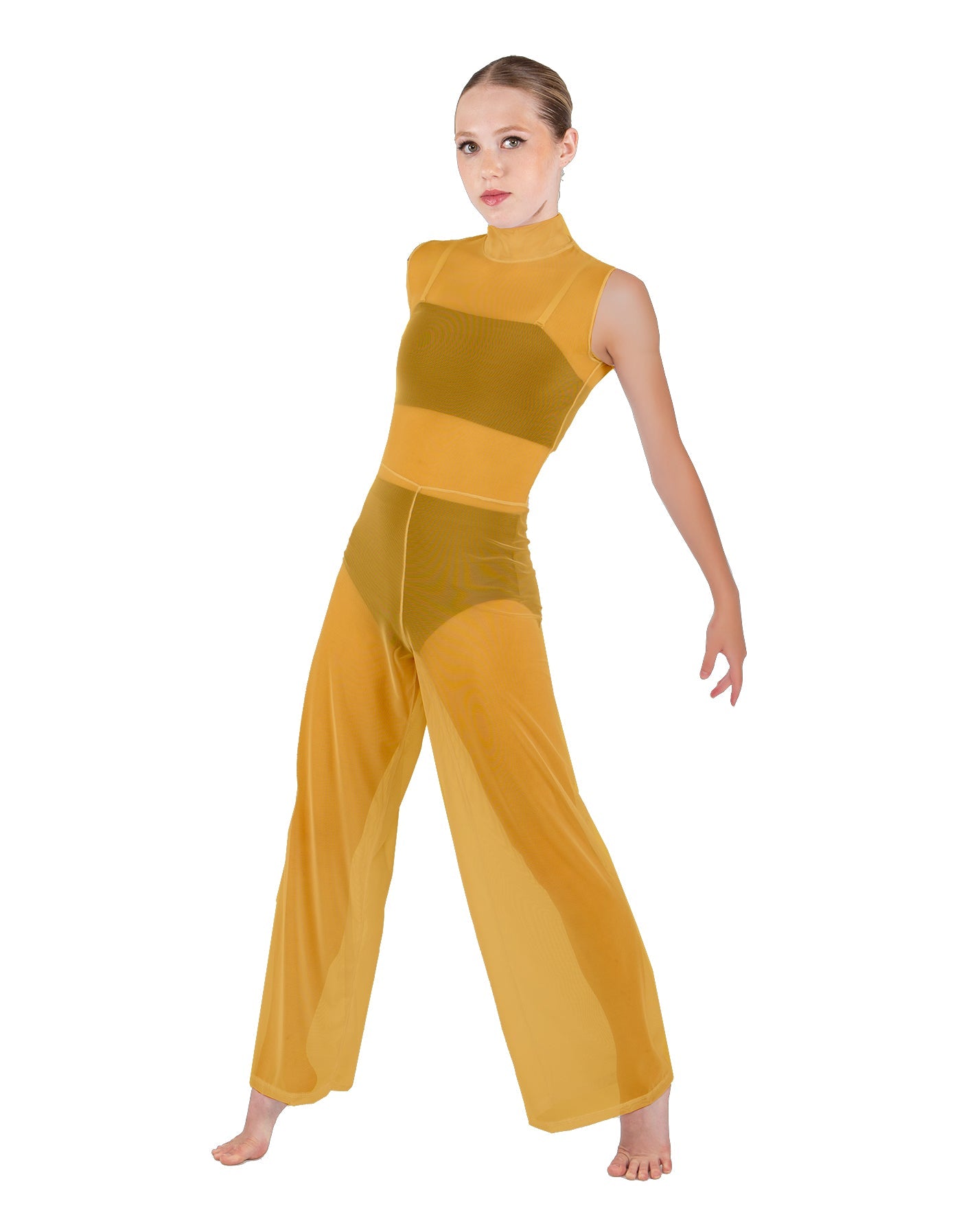 Solid Lycra TNeck Keyhole Wide Leg Mesh Unitard with Bandeau and Panty