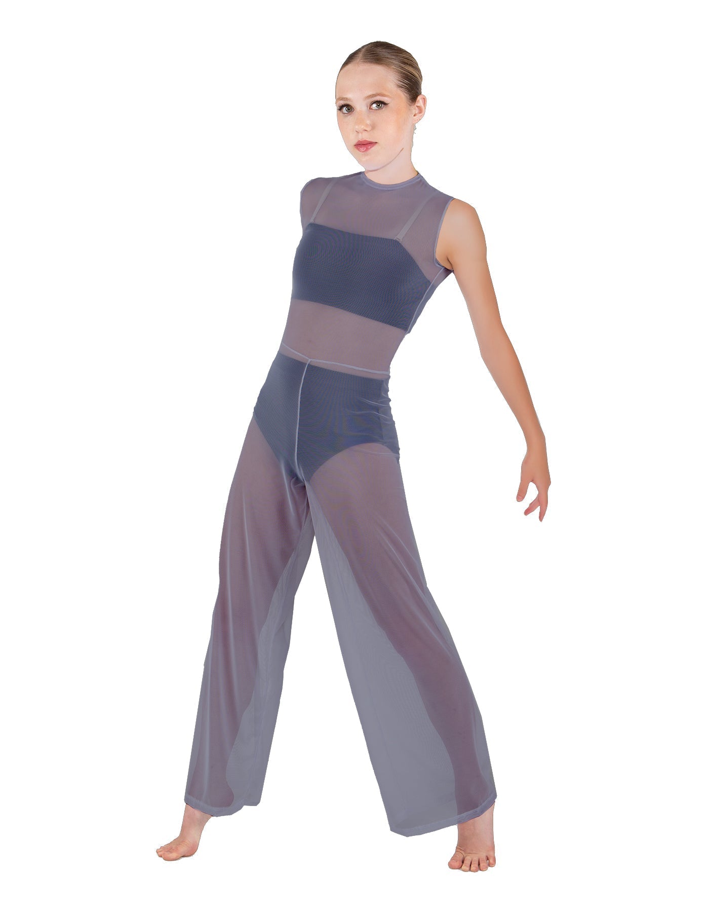 Solid Lycra Keyhole Wide Leg Mesh Unitard with Bandeau and Panty