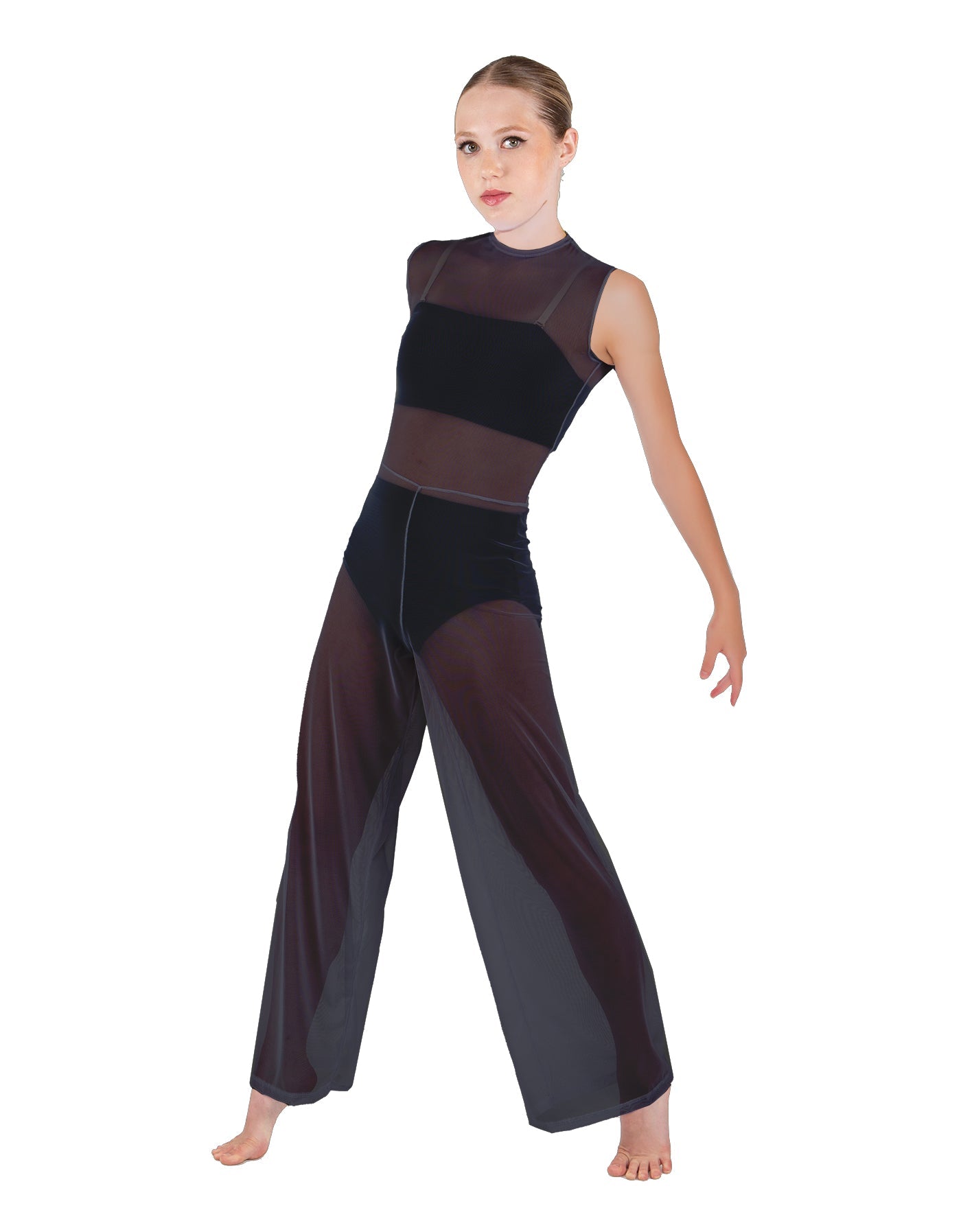 Solid Lycra Keyhole Wide Leg Mesh Unitard with Bandeau and Panty